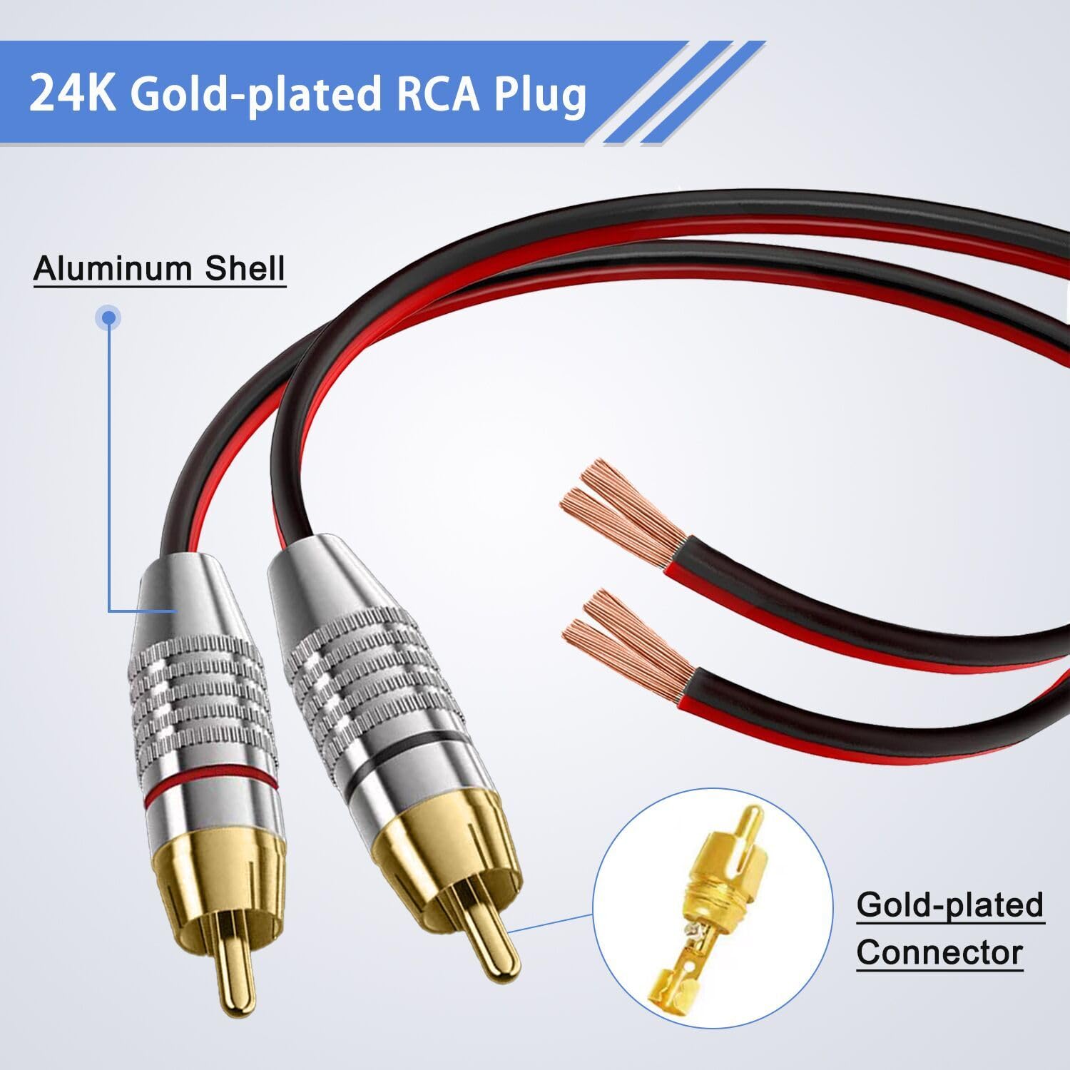 2 Pack 14AWG Heavy Duty Speaker Wire to RCA Adapter Cable, 1Ft 14 Gauge Bare Wire to RCA Connector for Amplifier, Subwoofer, TV, Home Theater & Audio System Setup