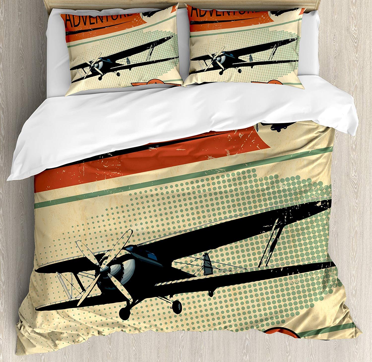 Vintage Full Size Duvet Cover Set with Military Plane Graphic - 3 Piece Bedding Set for Kids, Teens & Adults | Nostalgic Grunge Design with Decorative Pillowcases | Perfect for Bedroom Decor, Themed Rooms & Aviation Enthusiasts