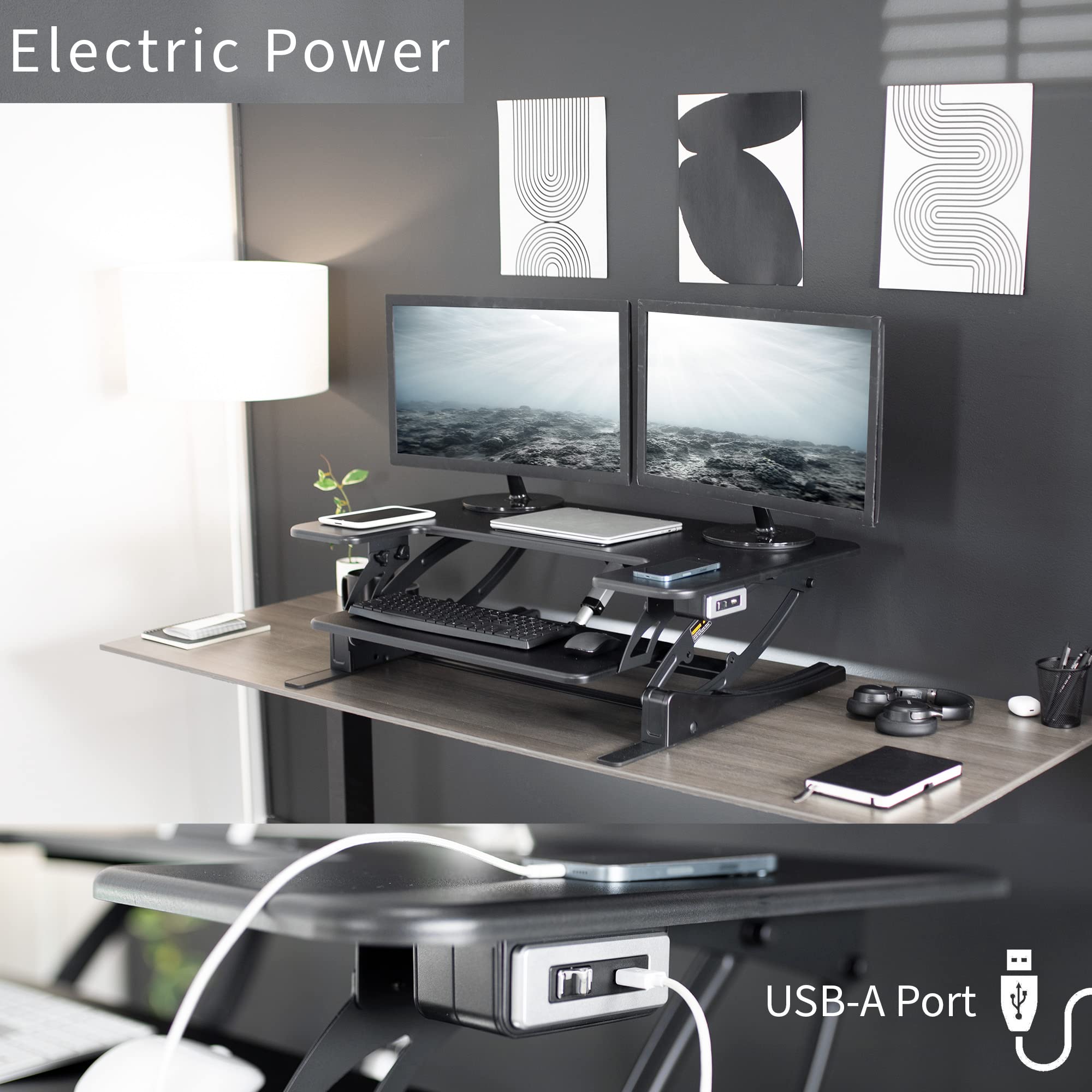 VIVO 36 Inch Electric Height Adjustable Standing Desk Converter | VE Series Sit Stand Workstation with Dual Monitor Riser & USB Port | Black DESK-V000VE | Perfect for Home Office, Gaming & Workspace Ergonomics