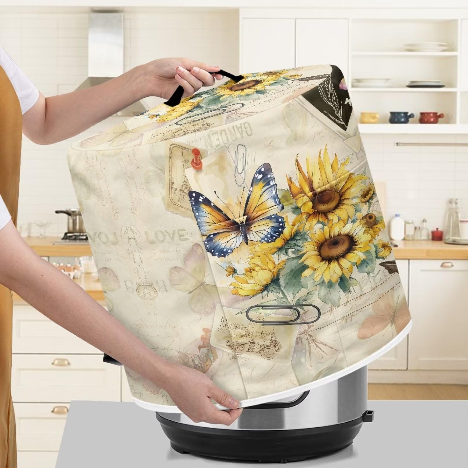 **Insulated Pressure Cooker Cover - Fits Rice Cooker, Air Fryer & Crock Pot (6 Qt) - Dust Protection with Storage Pocket for Spoons, Utensils & Recipes - Butterfly Sunflower Retro Design - Perfect for Kitchen Storage & Appliance Protection**