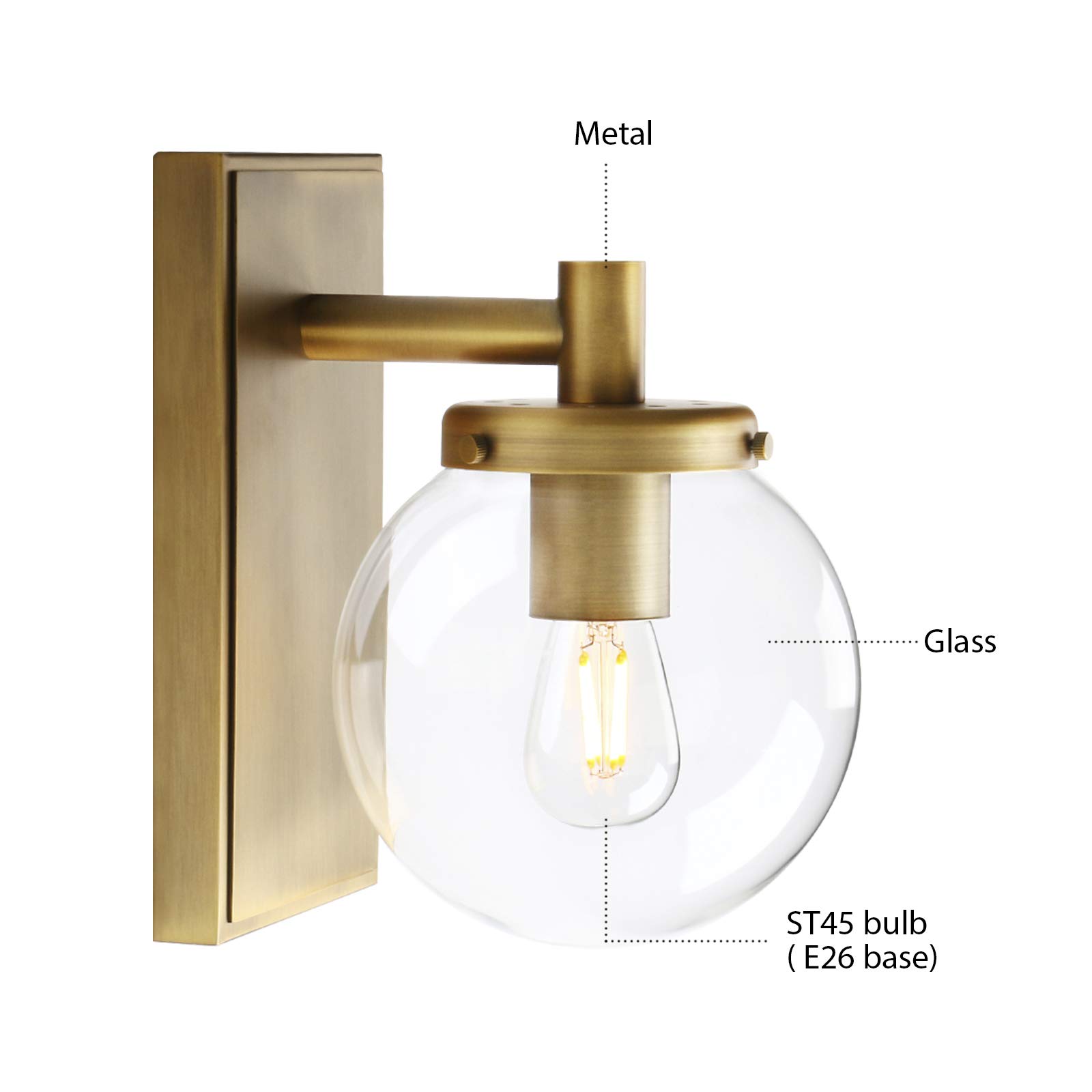 Globe Wall Sconce with Bell Glass Shade - Modern Bathroom Vanity Lighting Fixture for Powder Room, Master Bath & Hallway Decor