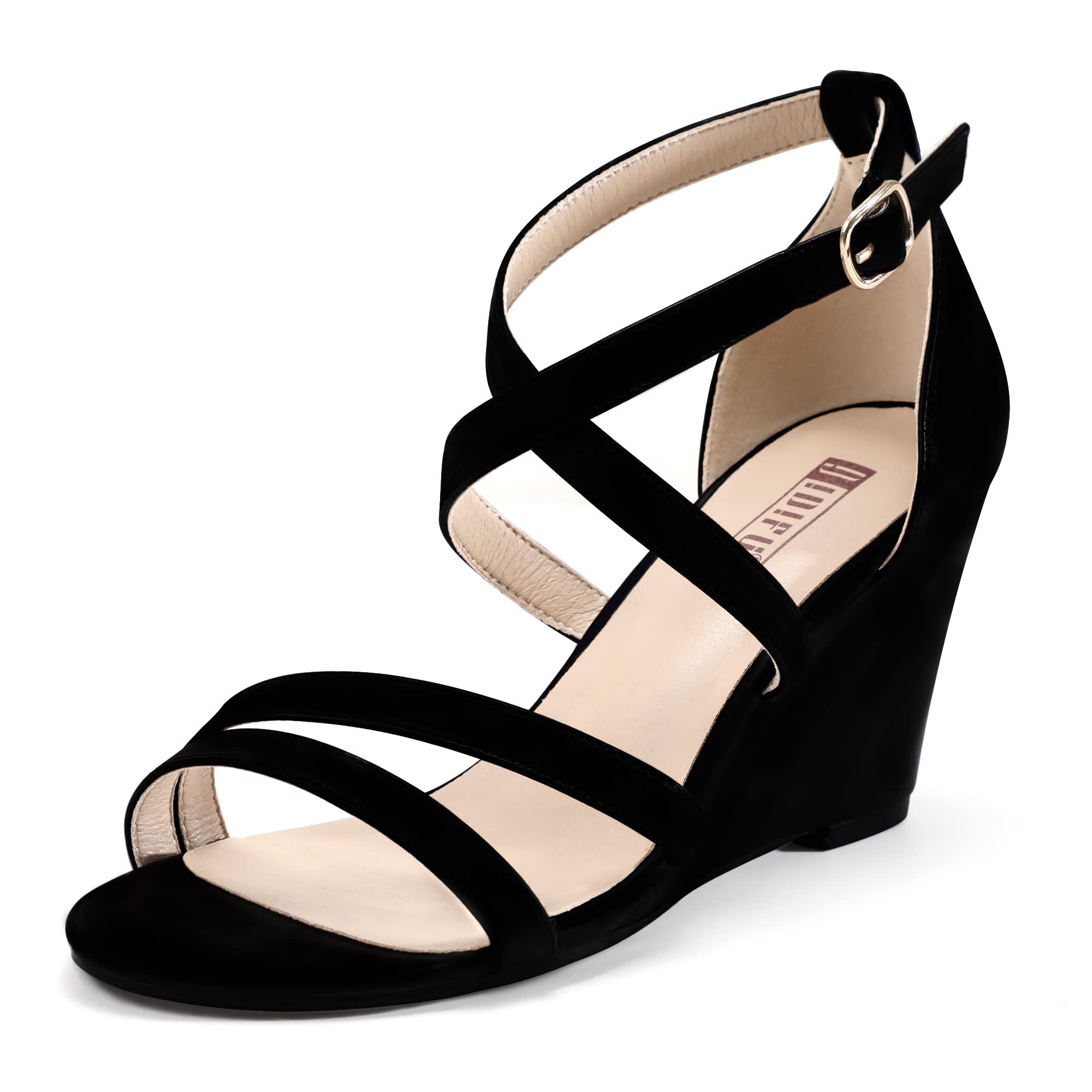 IDIFU Women's 3 Inch Strappy Wedge Sandals - Open Toe Dressy Heels for Weddings, Evening Parties & Summer Outings - Available in Black, Nude, Silver & White - Perfect for Bridal, Cocktail & Beach Occasions