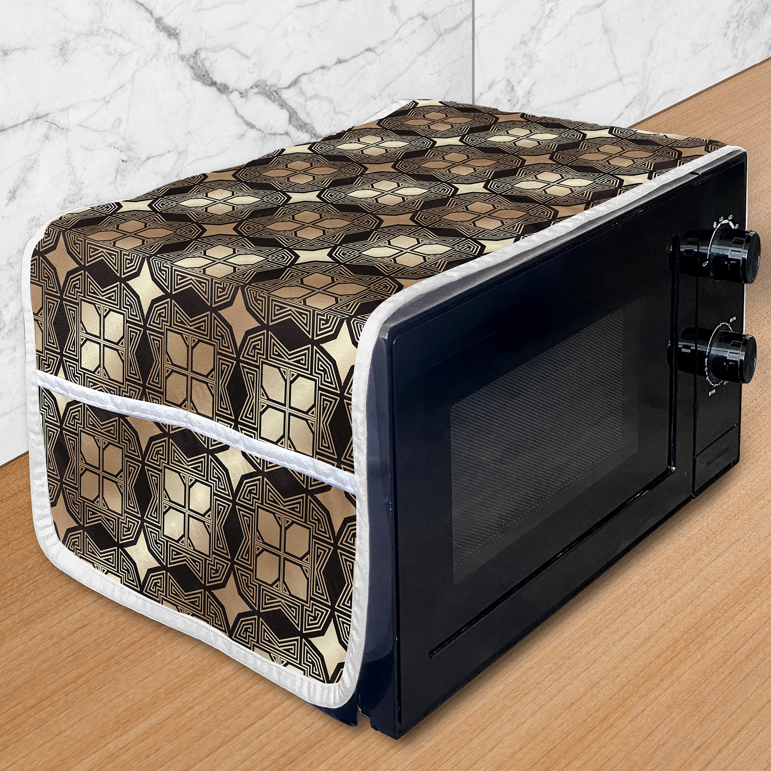 Ambesonne Vintage Microwave Cover - Art Deco Inspired Square Ornaments on Dark Background, Gatsby Style Waterproof Kitchen Organizer with Pockets, 36