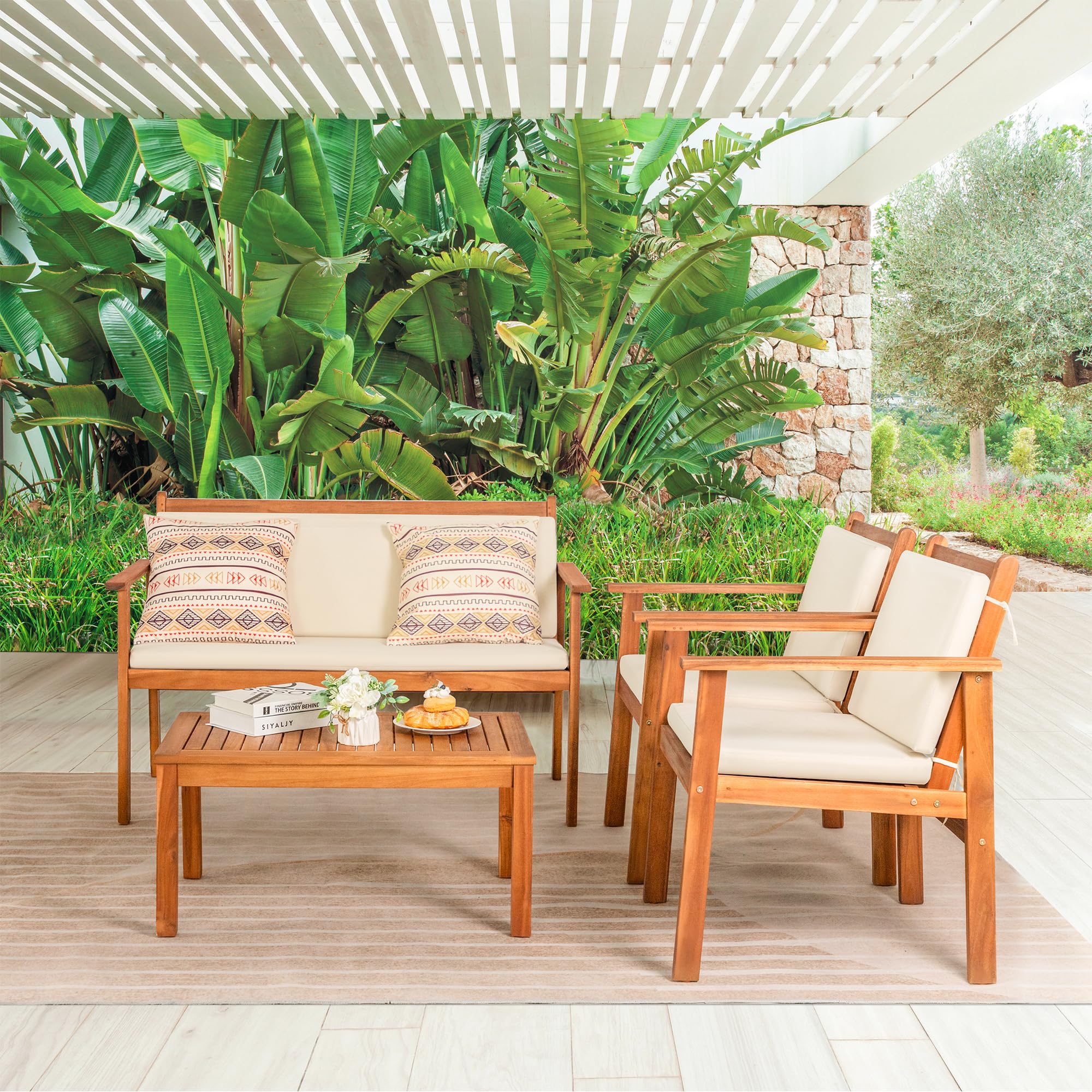 Greesum 4-Piece Acacia Wood Outdoor Bistro Set with Waterproof Cushions - Patio Furniture, Coffee Table & Chairs for Backyard, Garden, Beach & Poolside Relaxation