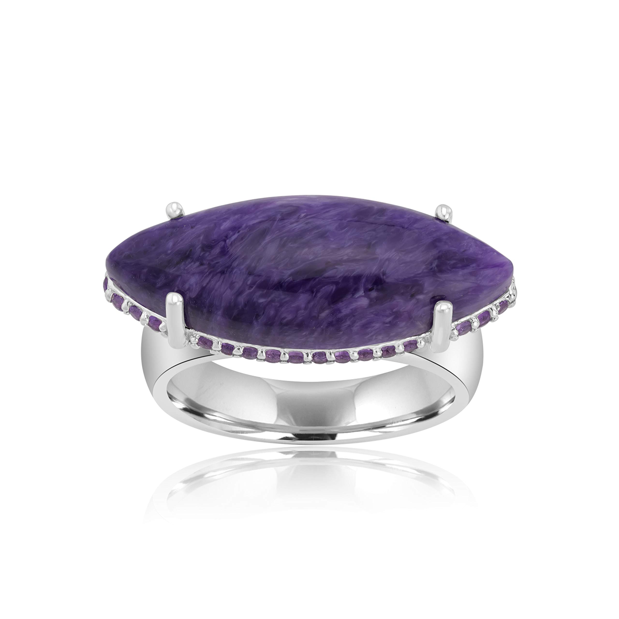 GEMISTRY Sterling Silver Marquise Charoite & Amethyst Halo Ring for Women | Birthstone Jewelry Gift for Birthday, Wedding, Anniversary | Elegant Everyday Wear & Special Occasions