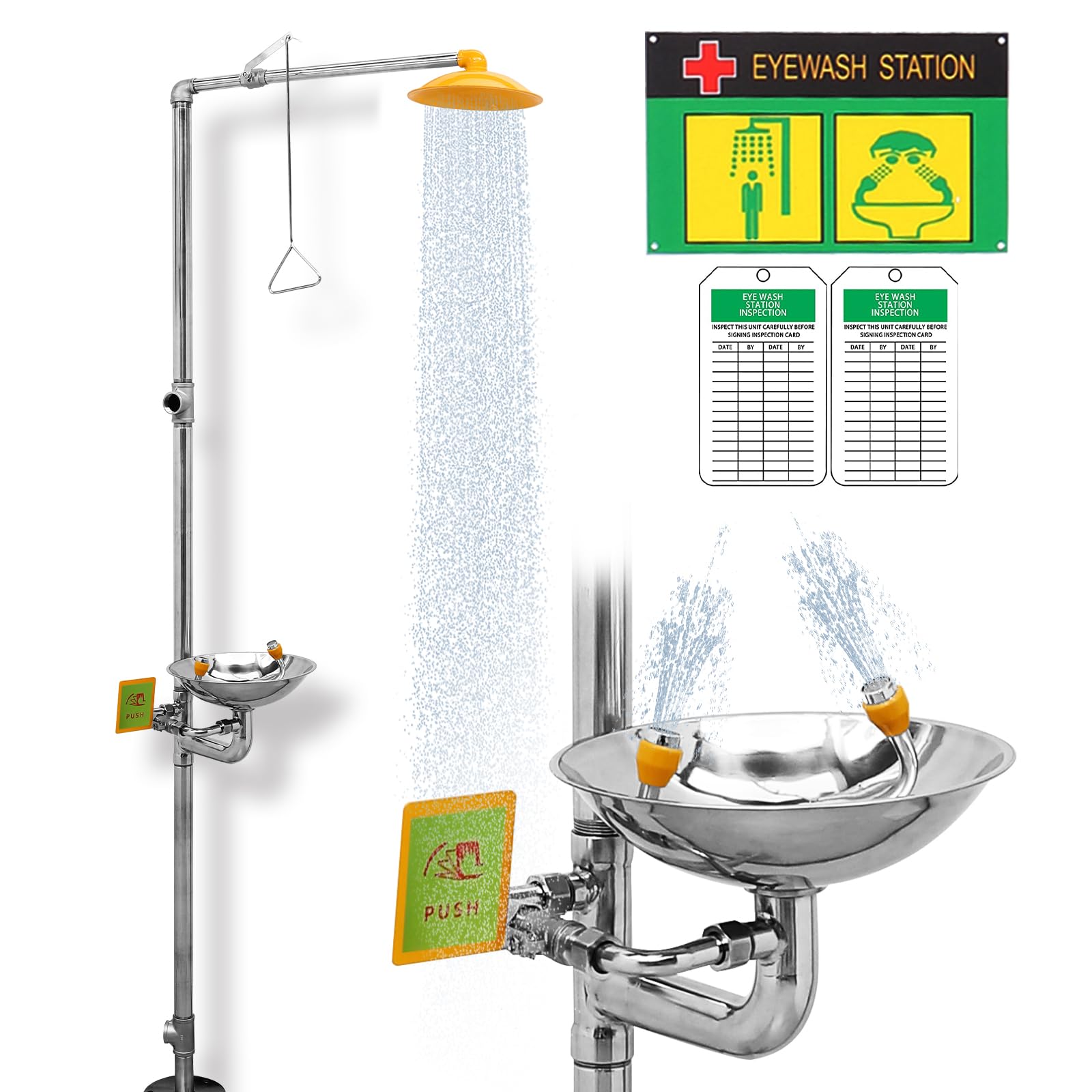 Stainless Steel Emergency Eye Wash Station with Shower - ANSI Compliant Eyewash and Shower Kit for Industrial Safety - First Aid Equipment for Chemical Splash Protection in Labs & Factories