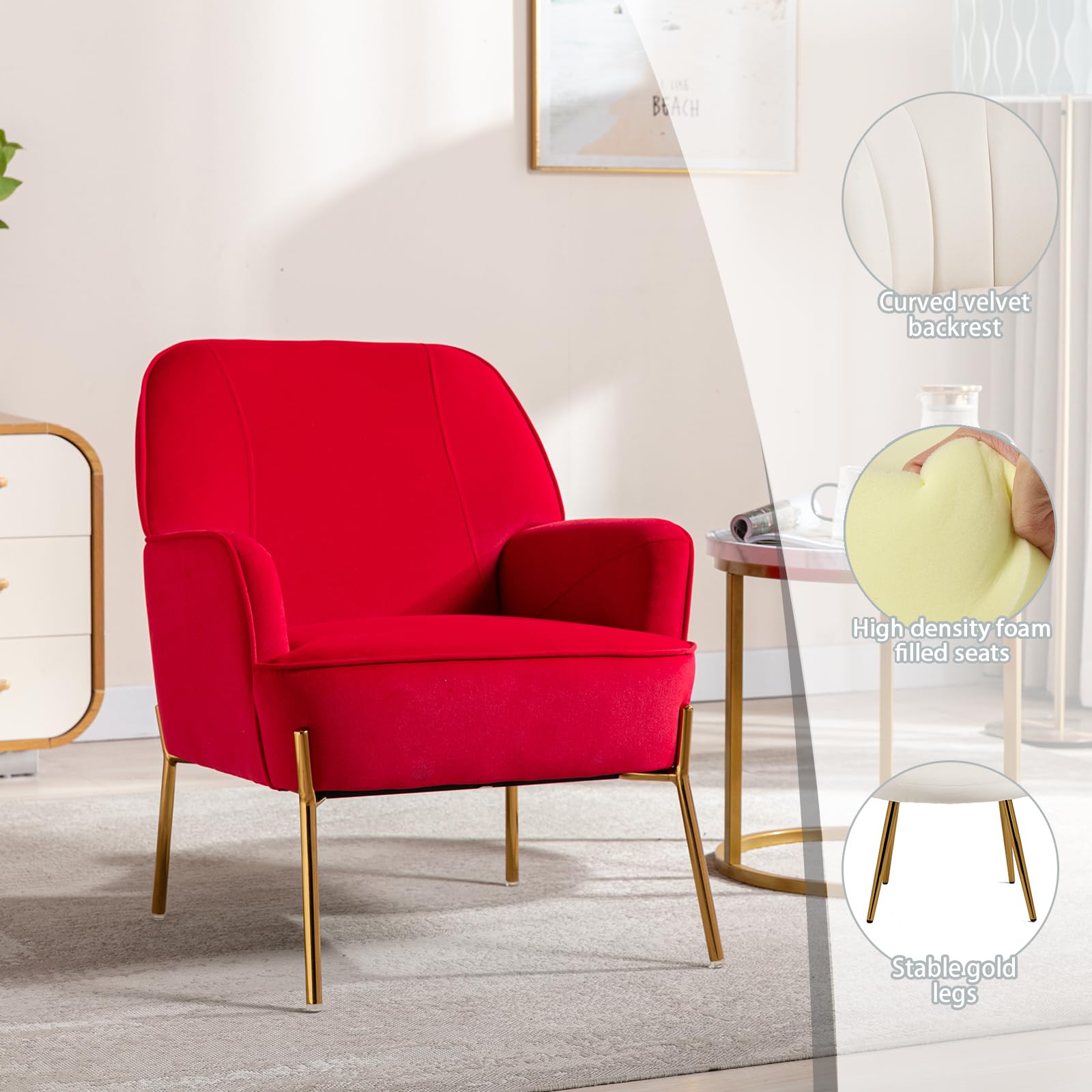 Modern Velvet Home Office Chair - Adjustable Height Task Chair for Desk, Makeup Vanity, Living Room & Bedroom - Ergonomic Comfort for Work & Relaxation (Red)