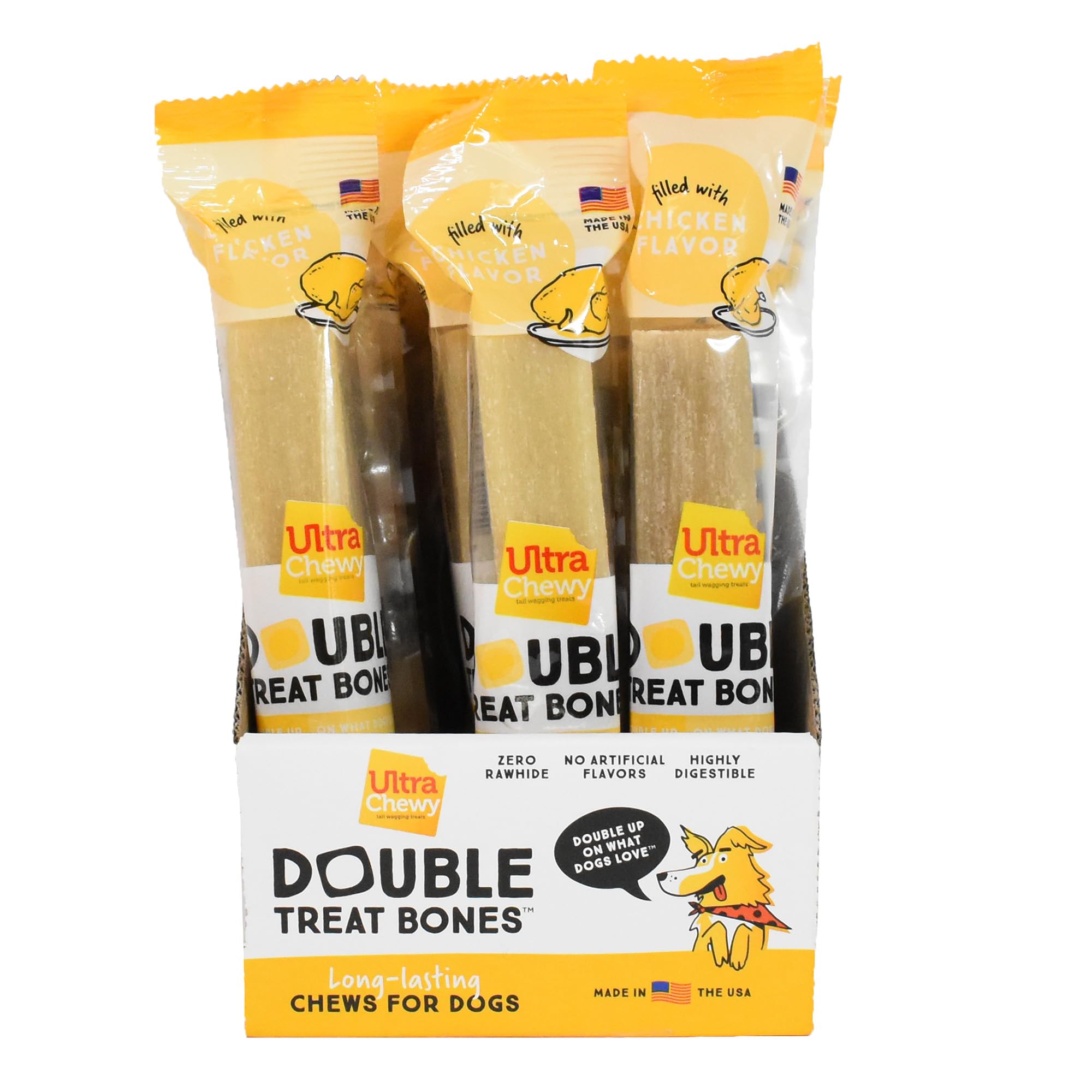 Premium Long-Lasting Chewy Chicken Double Treat Bones for Dogs - Made in USA, Highly Digestible Natural Dog Treats for Small & Large Breeds, Aggressive Chewers - Perfect for Training Rewards & Dental Health (12 Count)