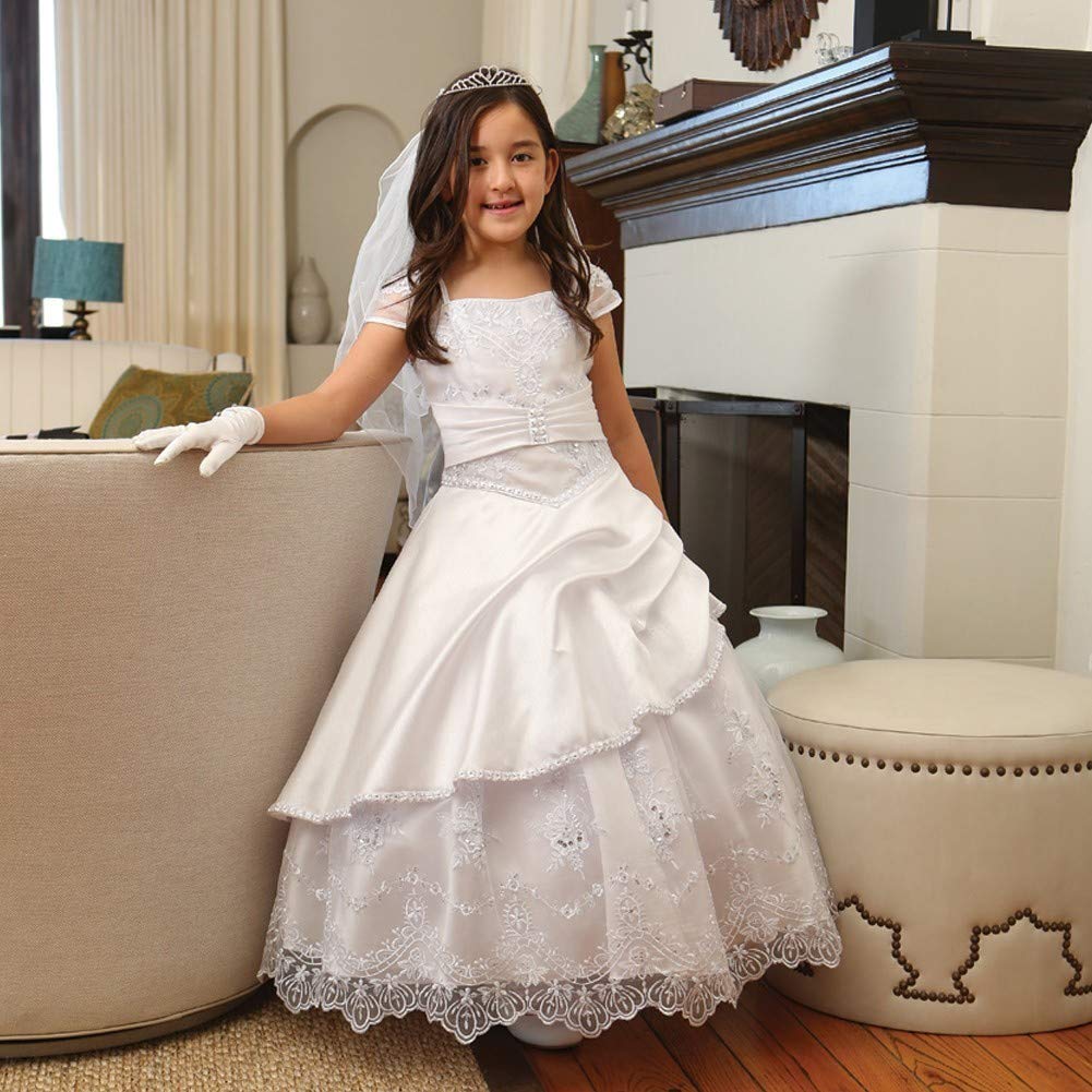 Big Girls White Gathered Sequin Trim Communion Dress Size 8 - First Holy Communion, Baptism, Easter & Special Occasion Dresses for Girls
