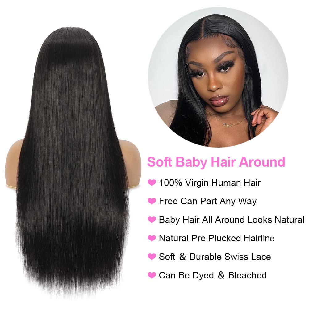 JARAMA 13x4 Straight Lace Front Wig Human Hair 32 Inch 180% Density HD Transparent Lace Brazilian Hair Wig - Pre Plucked Glueless Lace Frontal Wig for Women (Natural Black) | Perfect for Daily Wear, Cosplay & Special Occasions