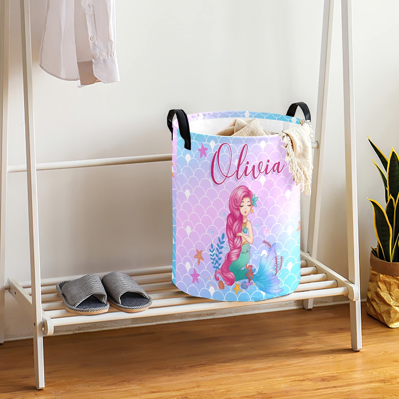 Personalized Mermaid Laundry Basket for Girls - Custom Name Kids Laundry Hamper with Handles - Perfect for Nursery, Bedroom & Bathroom Organization (Style 04)
