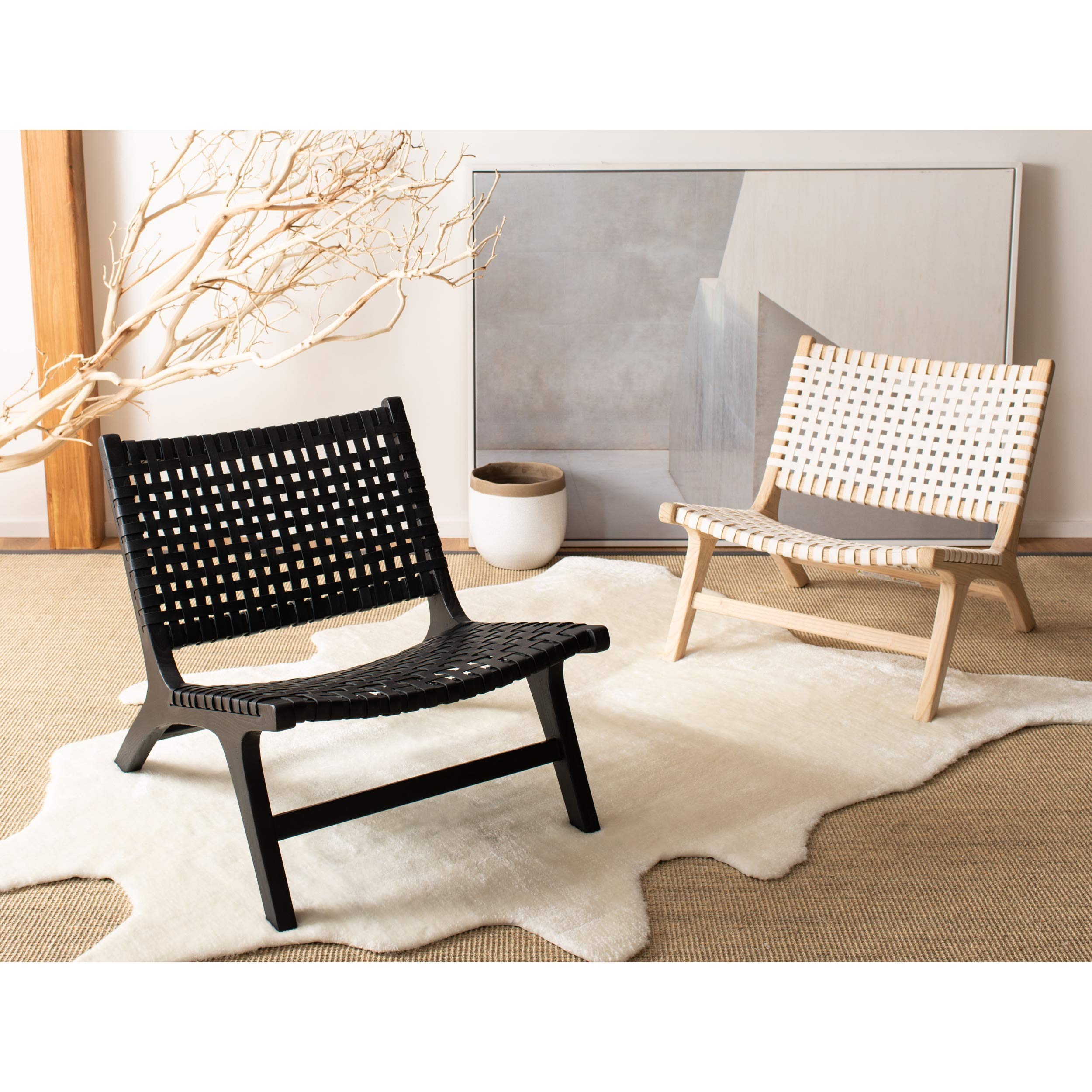 Safevieh Luna Black Leather Woven Accent Chair - Modern Living Room, Office & Lounge Seating Furniture for Home Decor