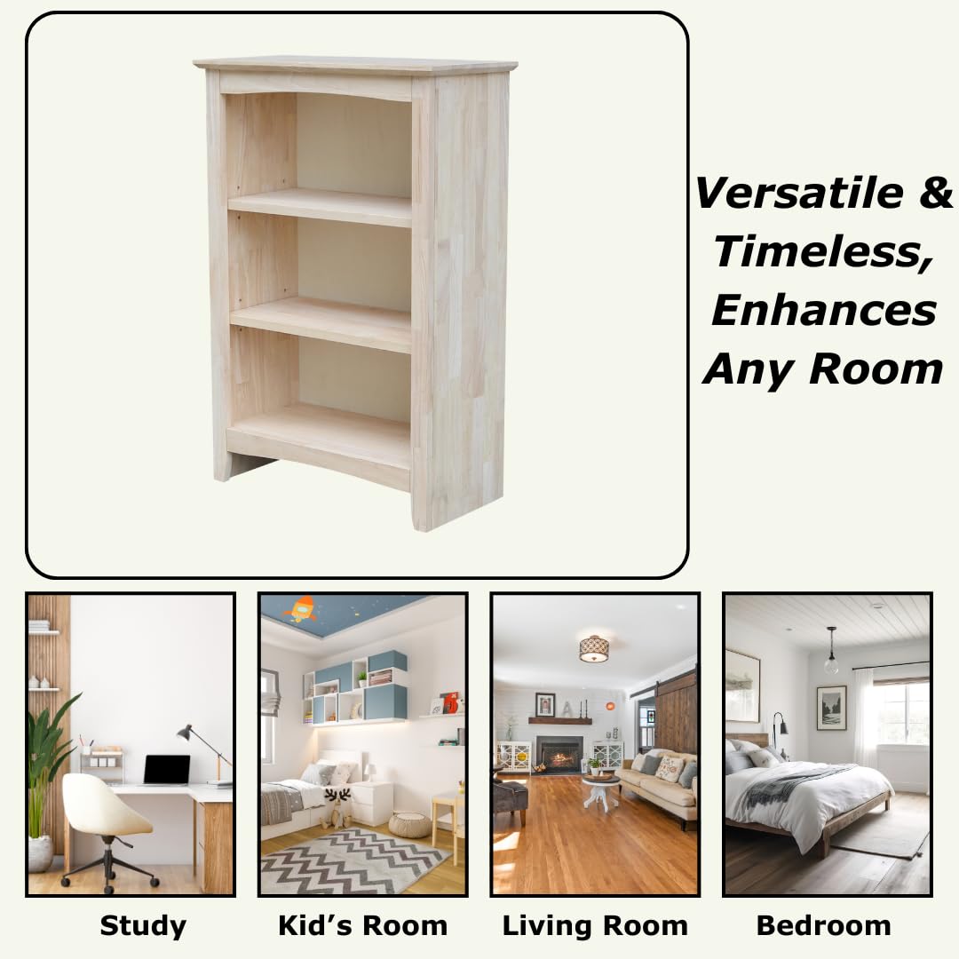 IC International Concepts 36-Inch Shaker Bookcase - Solid Wood Storage Organizer for Home & Office | Durable Unfinished Shelf for Living Room, Bedroom or Study