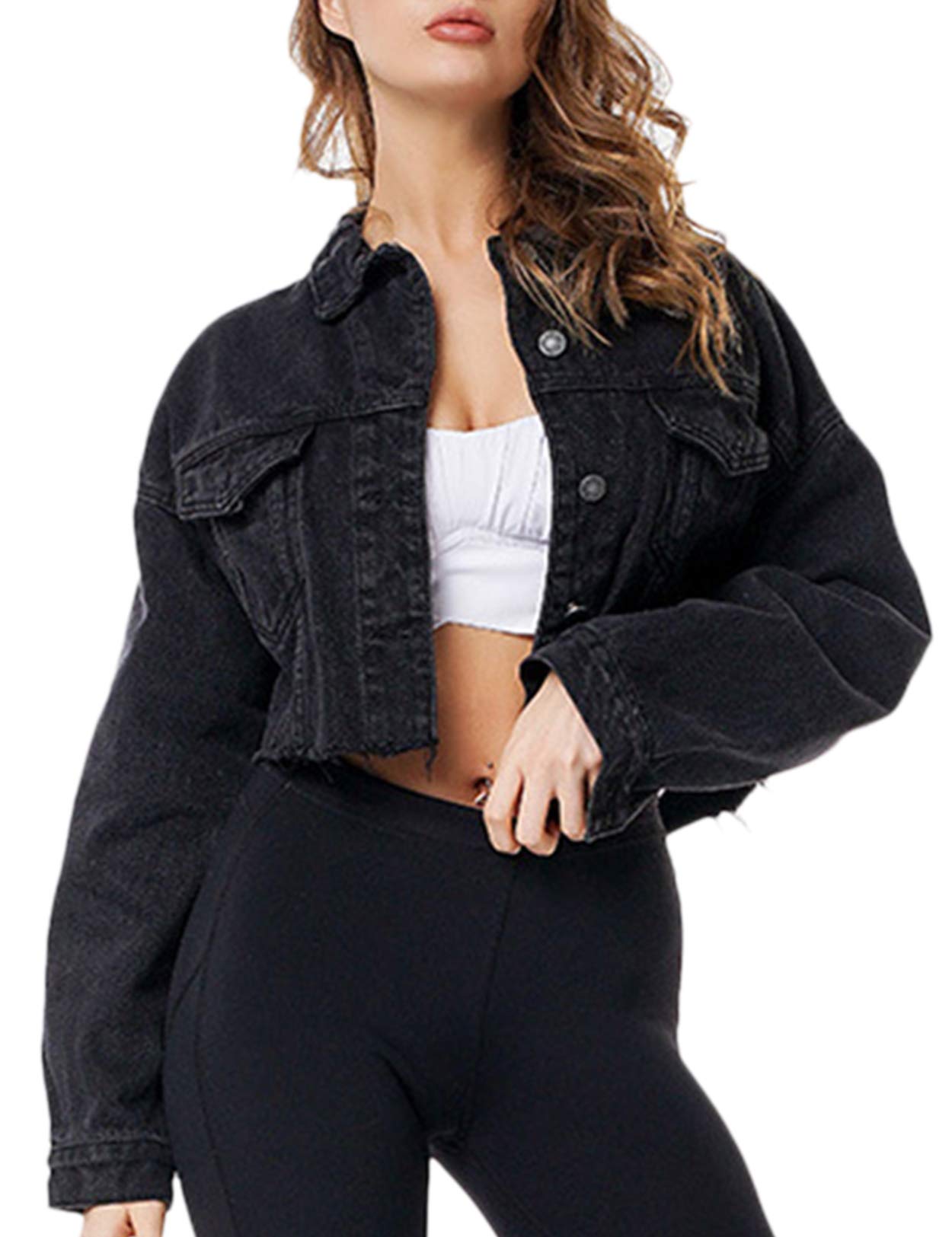 Distressed Oversized Women's Denim Jacket - Button Down Crop Jean Coat for Casual Outfits & Streetwear Fashion | Perfect for Layering, Spring & Fall Style
