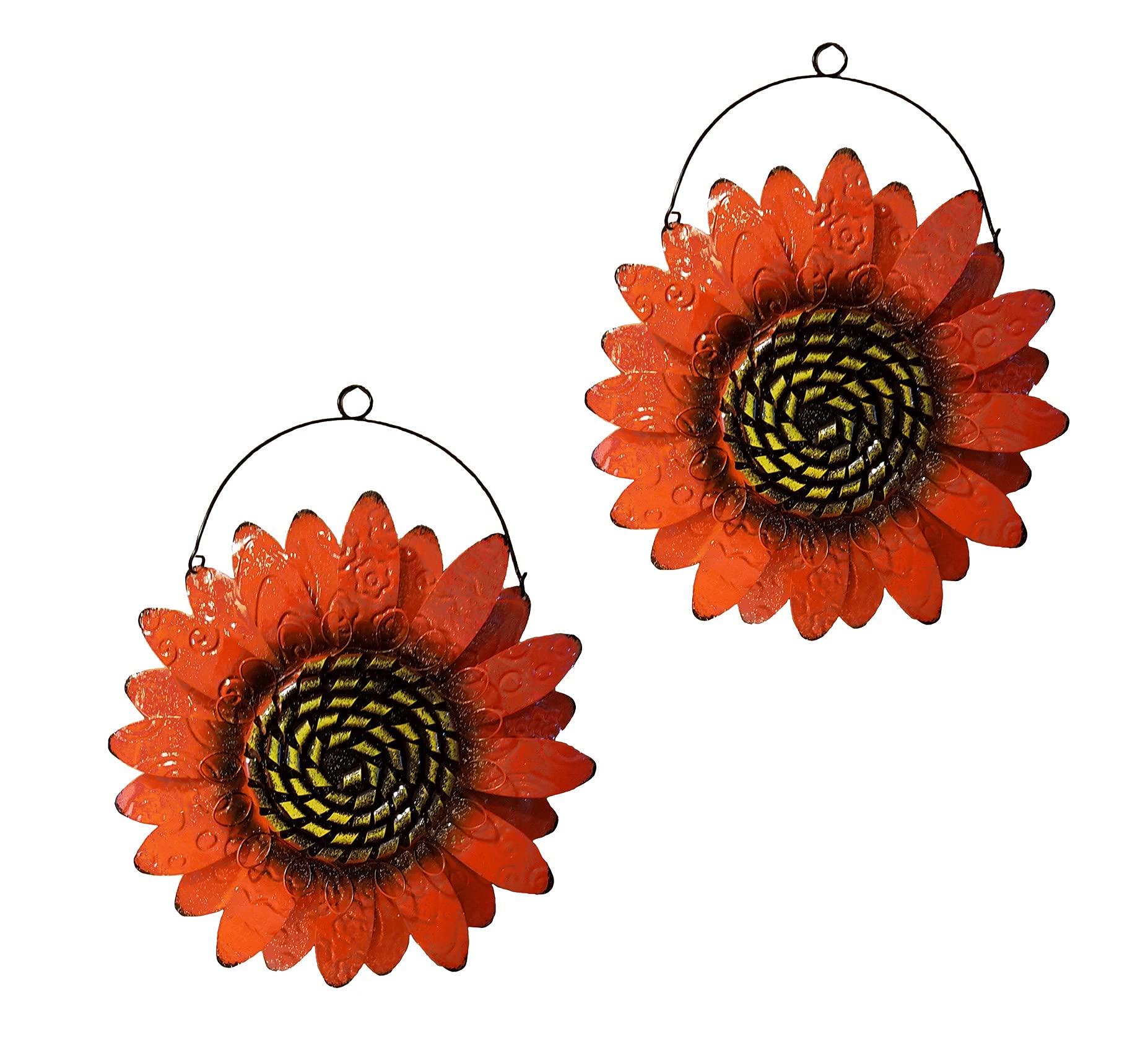 SeasonsEasy Metal Sunflower Wall Decor Set of 2 - Orange Floral Wall Art with Wire Hanger for Home & Garden - Perfect for Living Room, Bedroom, Kitchen, Bathroom, Outdoor Patio & Garden Decor