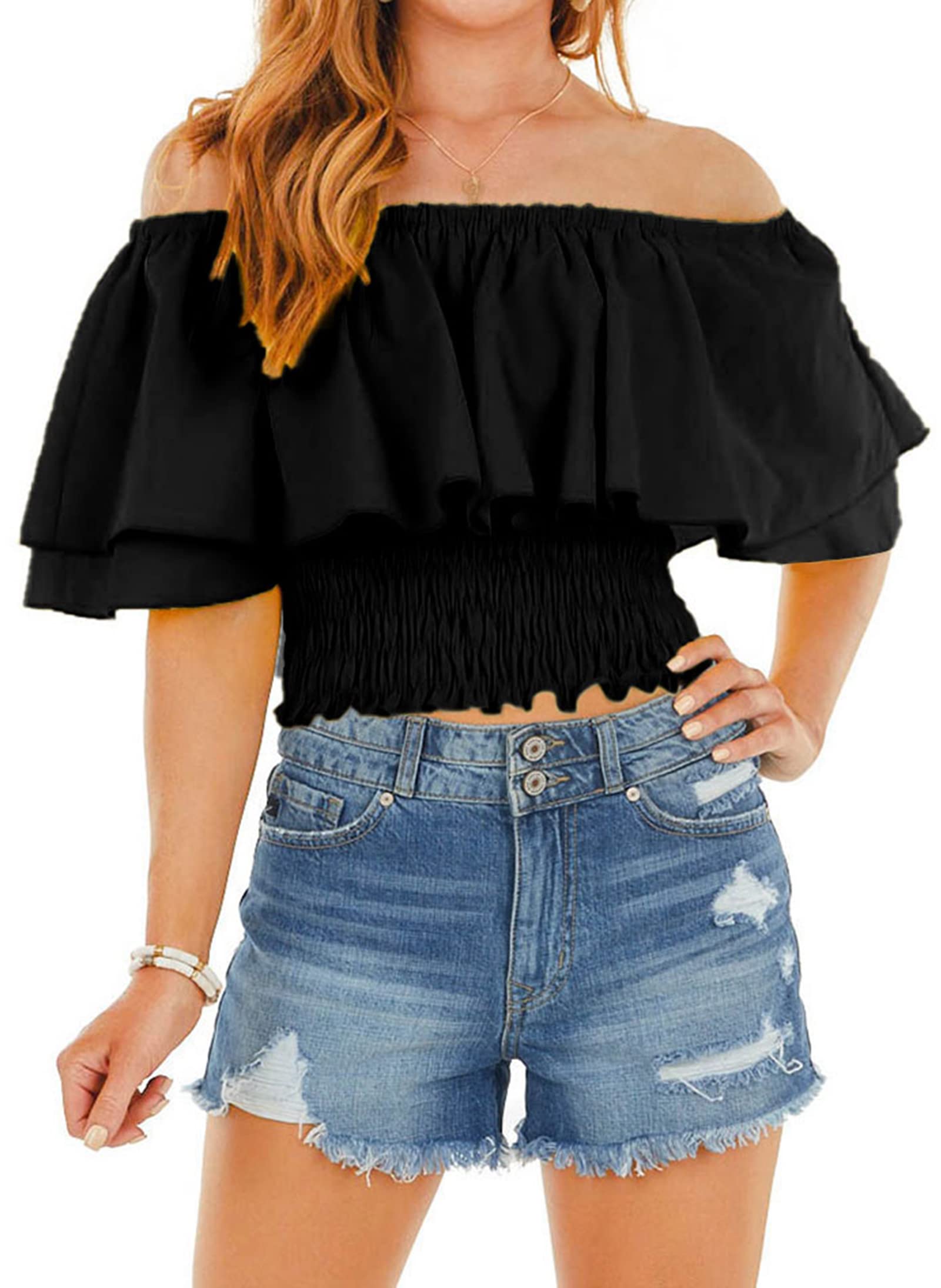 HibluCo Women's Off Shoulder Ruffled Crop Top - Smocked Waist Summer Blouse for Beach, Party & Casual Outfits