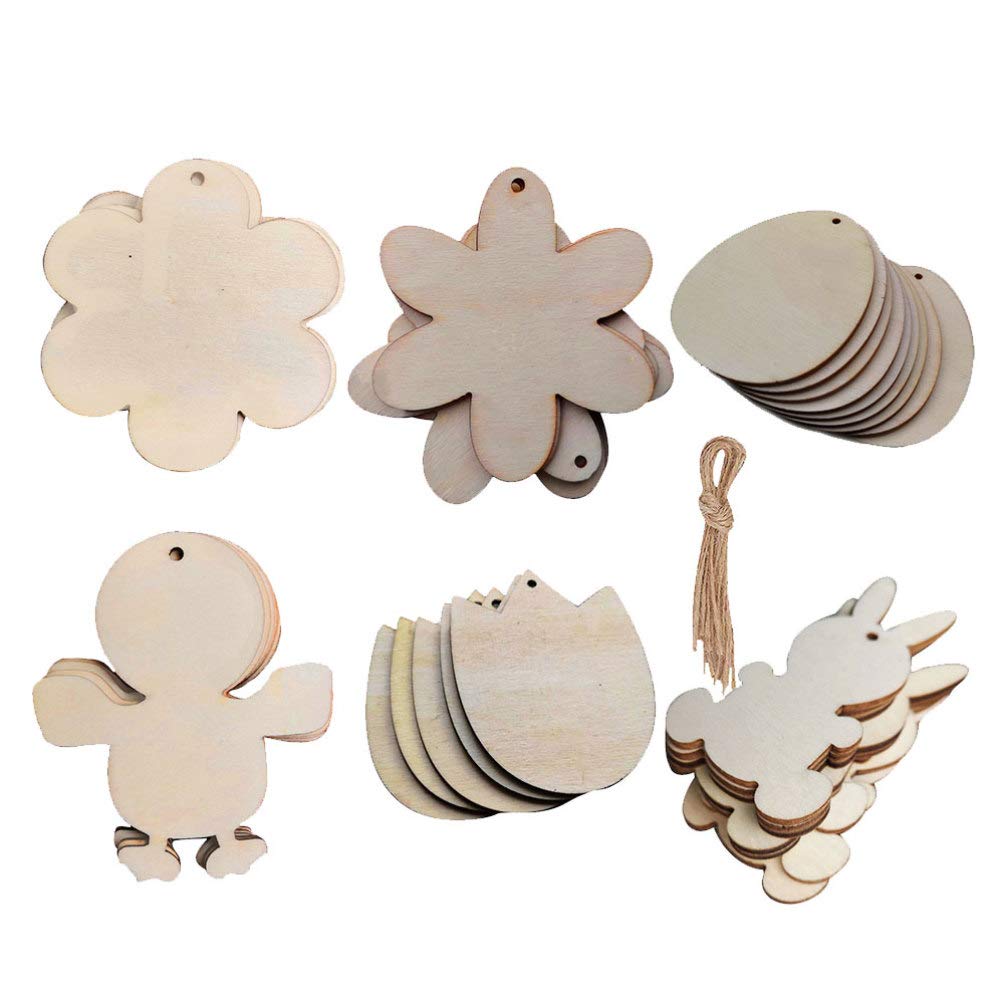 ULTNICE 120pcs Unfinished Wooden Easter Ornaments - Wood Slice Cutouts with Twine for DIY Painting | Easter Bunny, Chick & Flower Designs | Kids Crafts & Easter Decorations | Perfect for Easter Party Favors, Classroom Activities & Home Decor