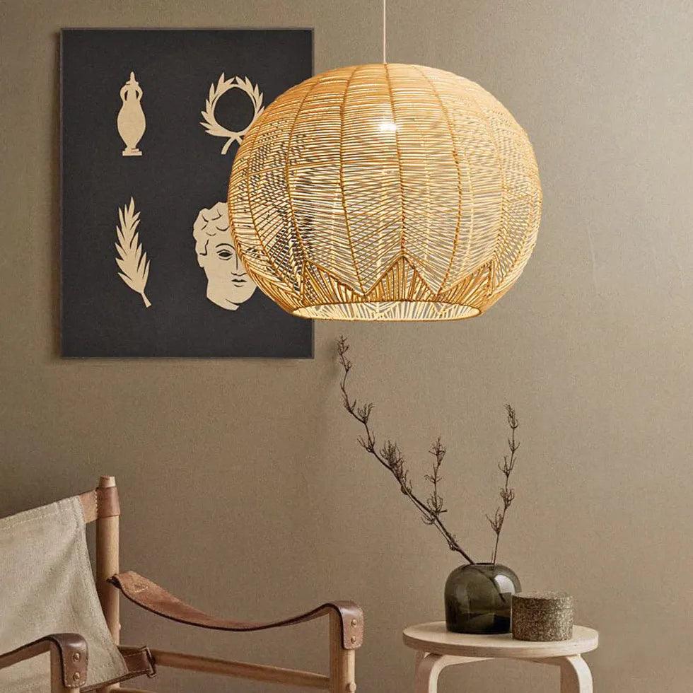 Handwoven Rattan Sphere Pendant Light - Natural Boho Ceiling Fixture for Living Room, Bedroom, or Dining Area