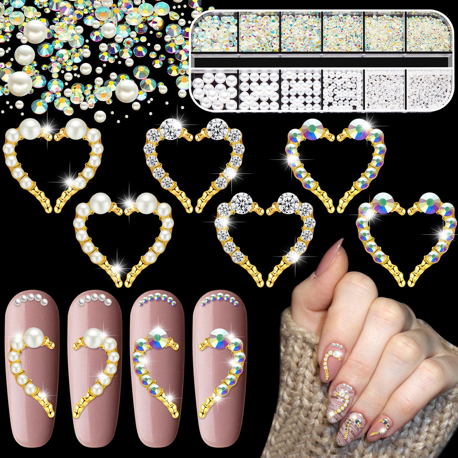 48 Pcs Heart Nail Charms - Flatback Rhinestone Pearls & Crystal AB Gems for DIY Nail Art (3 Styles, Mixed Sizes) - Perfect for Manicures, Nail Decoration, and Gift Giving for Women & Girls