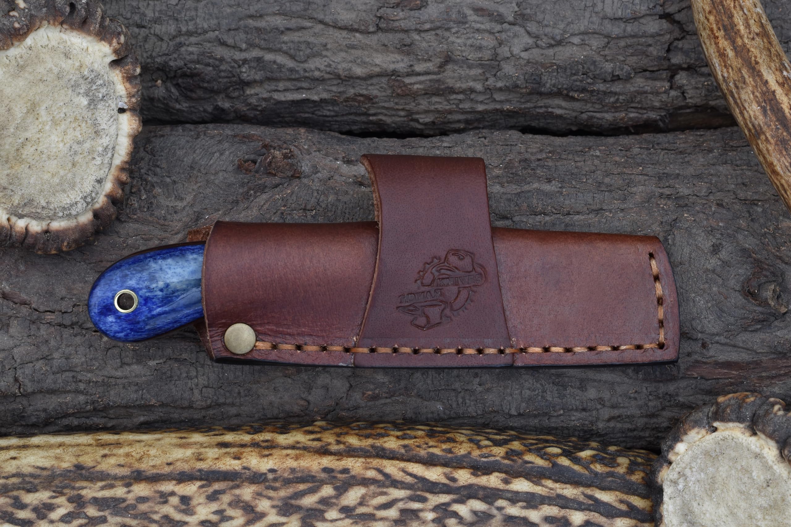 Premium Damascus Steel Castration Knife with Blue Dyed Sheep Bone Handle - Dual Carry Vertical/Horizontal Leather Sheath (3177-BLU) | Ideal for Ranch Work, Livestock Care & Cowboy Outfits