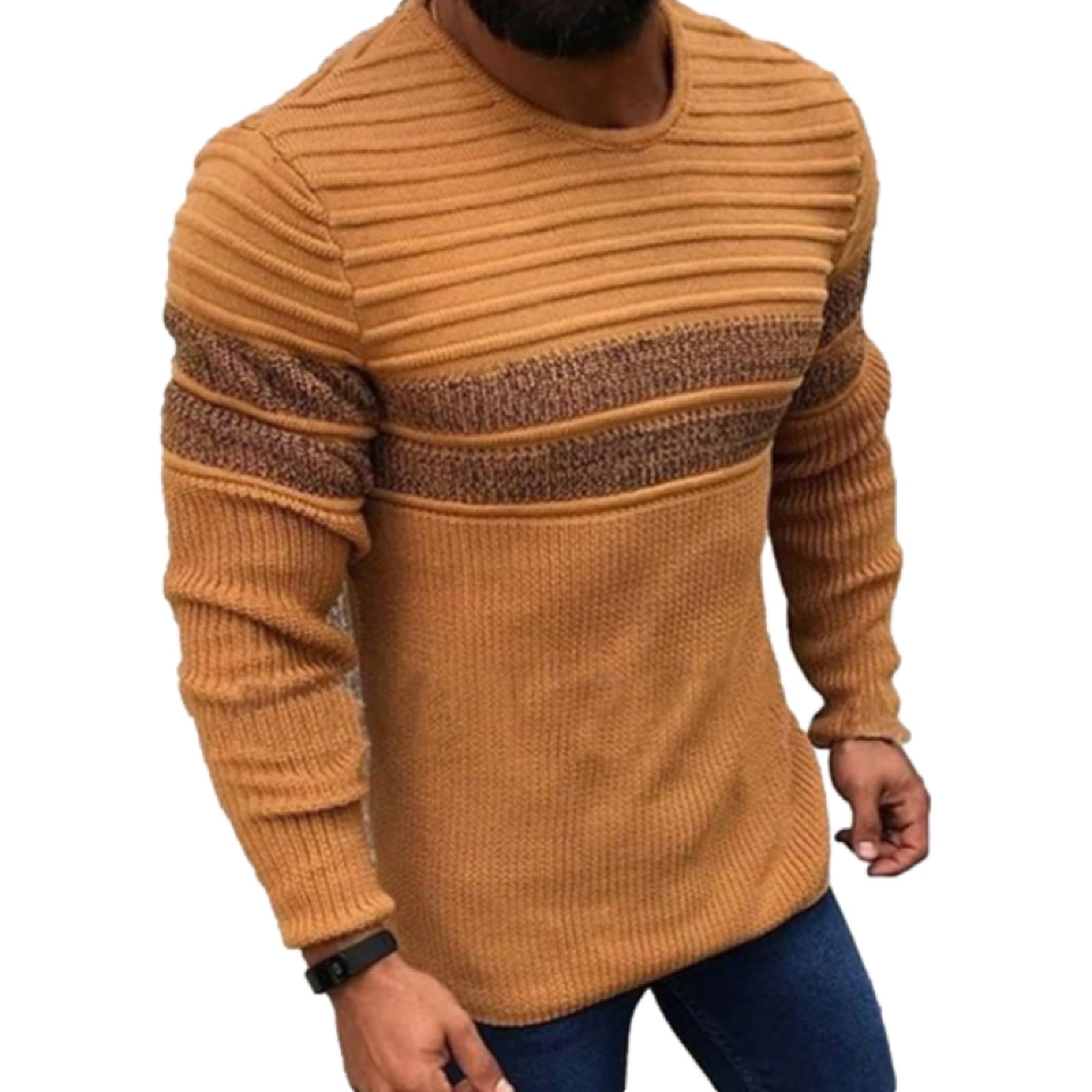 Men's Striped Knit Sweater Pullover - Round Neck Color Block Jumper for Casual Wear & Winter Layering