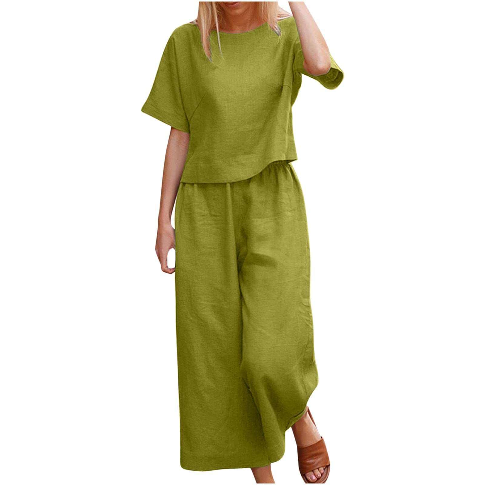 Women's 2-Piece Linen Set - Summer Cotton Crewneck Half Sleeve Top & Wide Leg Pants Outfit | Loose Beachwear, Casual Jumpsuit & Tunic Style | Perfect for Vacation, Travel, and Summer Outings