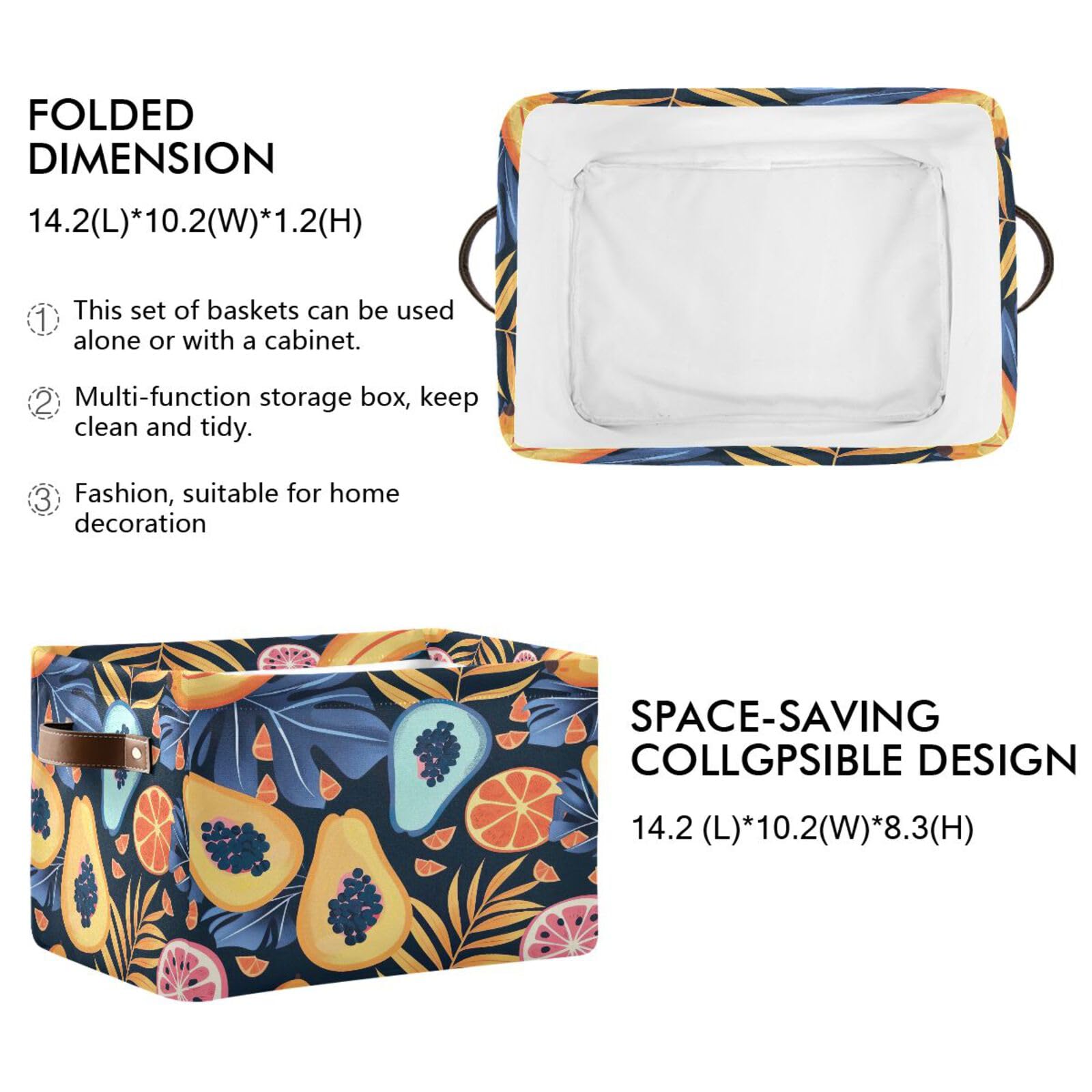 Qilmy 2-Pack Collapsible Canvas Storage Baskets with Leather Handles - Tropical Fruits Design Rectangular Organizer Bin for Closet, Office, Nursery & Home Decor | Perfect for Toy Storage, Laundry Hamper & Shelf Organization
