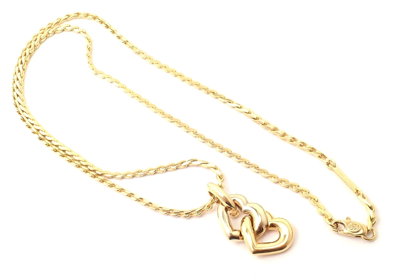Authentic Cartier 18k Yellow & White Gold Double Heart Pendant Necklace with S Chain - Elegant Jewelry Gift for Women, Perfect for Anniversaries & Valentine's Day