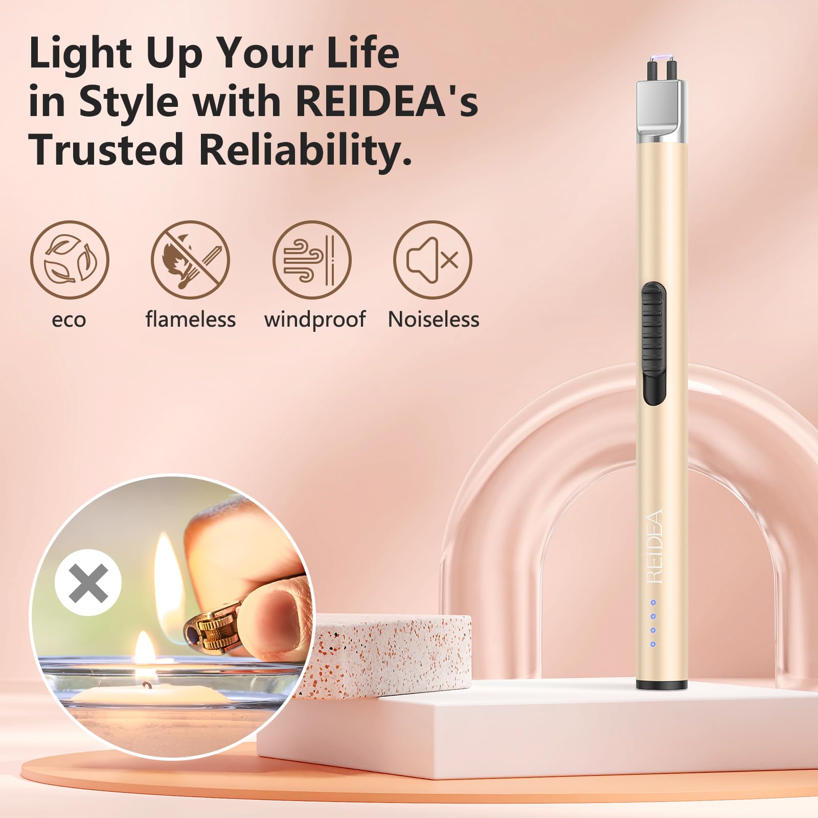 REIDEA S4 Pro USB Rechargeable Electric Arc Lighter - Flameless Windproof Plasma Lighter with Safety Lock & LED Battery Indicator for Candles, Fireworks, BBQ, Camping (Champagne Gold) - Perfect for Outdoor Adventures, Home Decor & Gifts