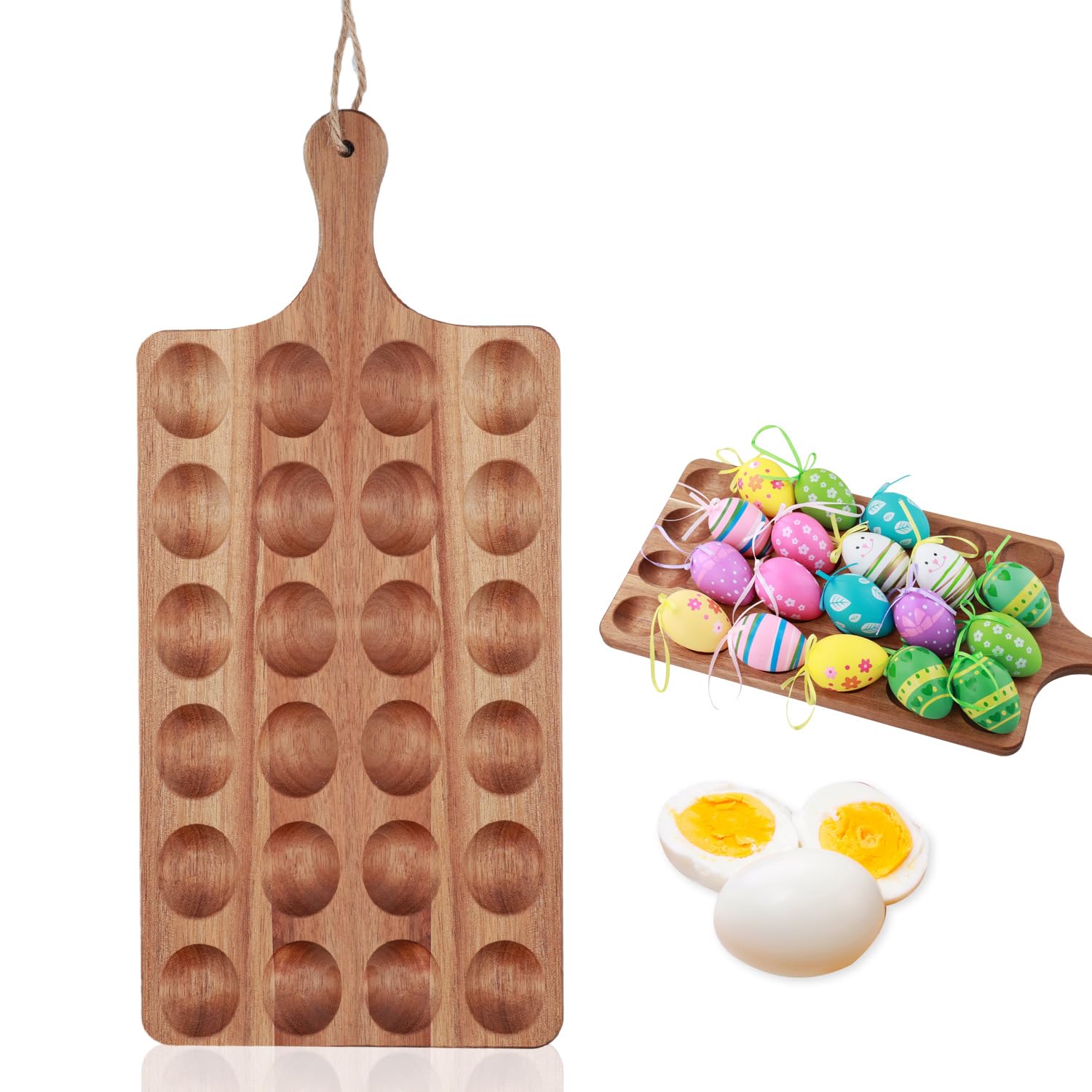 24 Holes Wooden Deviled Egg Platter - 17.11 x 7.8 Inch Thickened Party Serving Tray for Easter, Christmas & Holiday Gatherings - Rectangle Egg Plate Holder & Refrigerator Storage Container - Perfect for Kitchen Countertop, Buffet Table & Potluck Parties