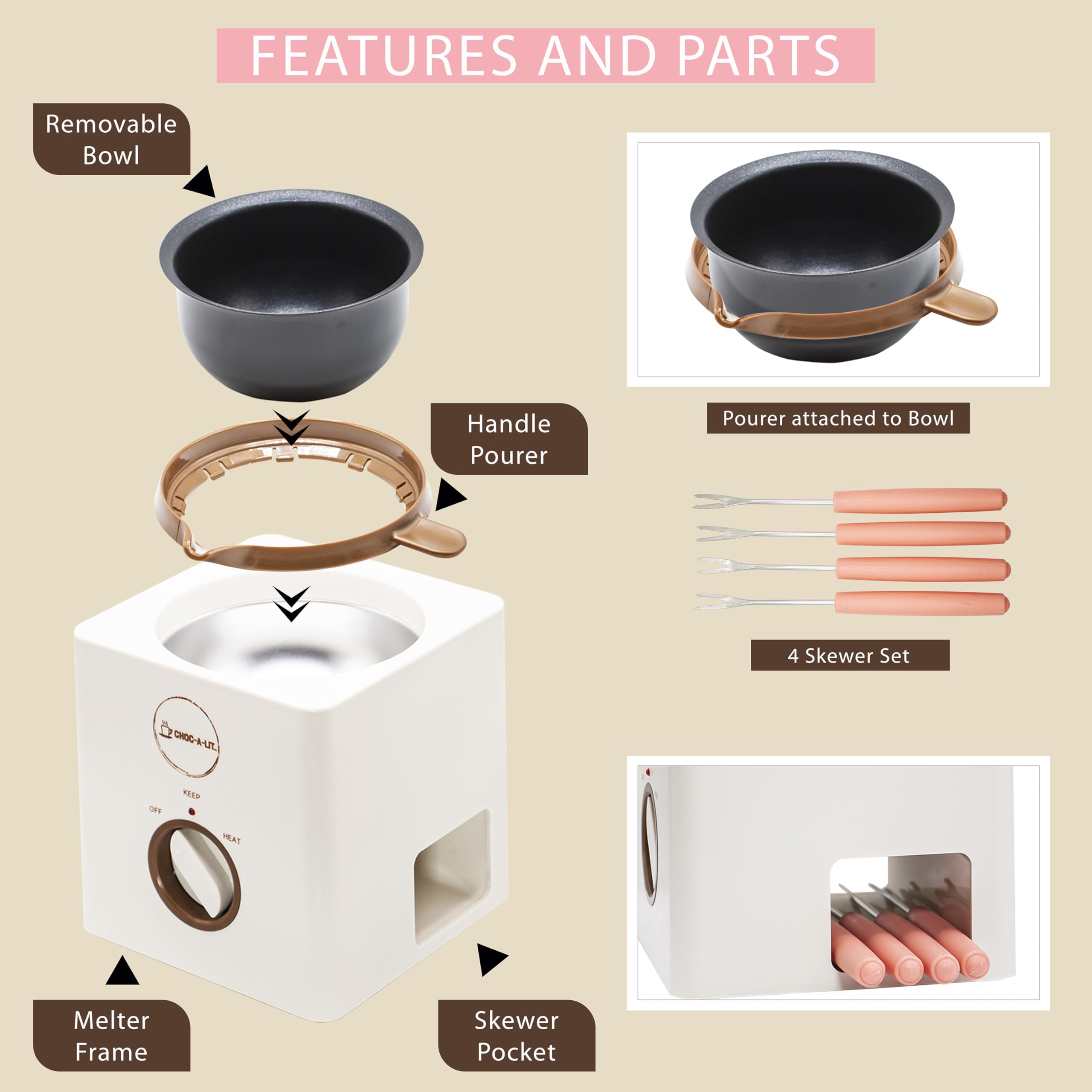 Premium Chocolate Melting Pot for Dipping Strawberries, Pretzels & Cake Pops - Fondue Set with 4 Forks & Pouring Handle - Perfect for Chocolate Molds, Dessert Parties & DIY Treats - Electric Chocolate Melting Machine for Home & Professional Use