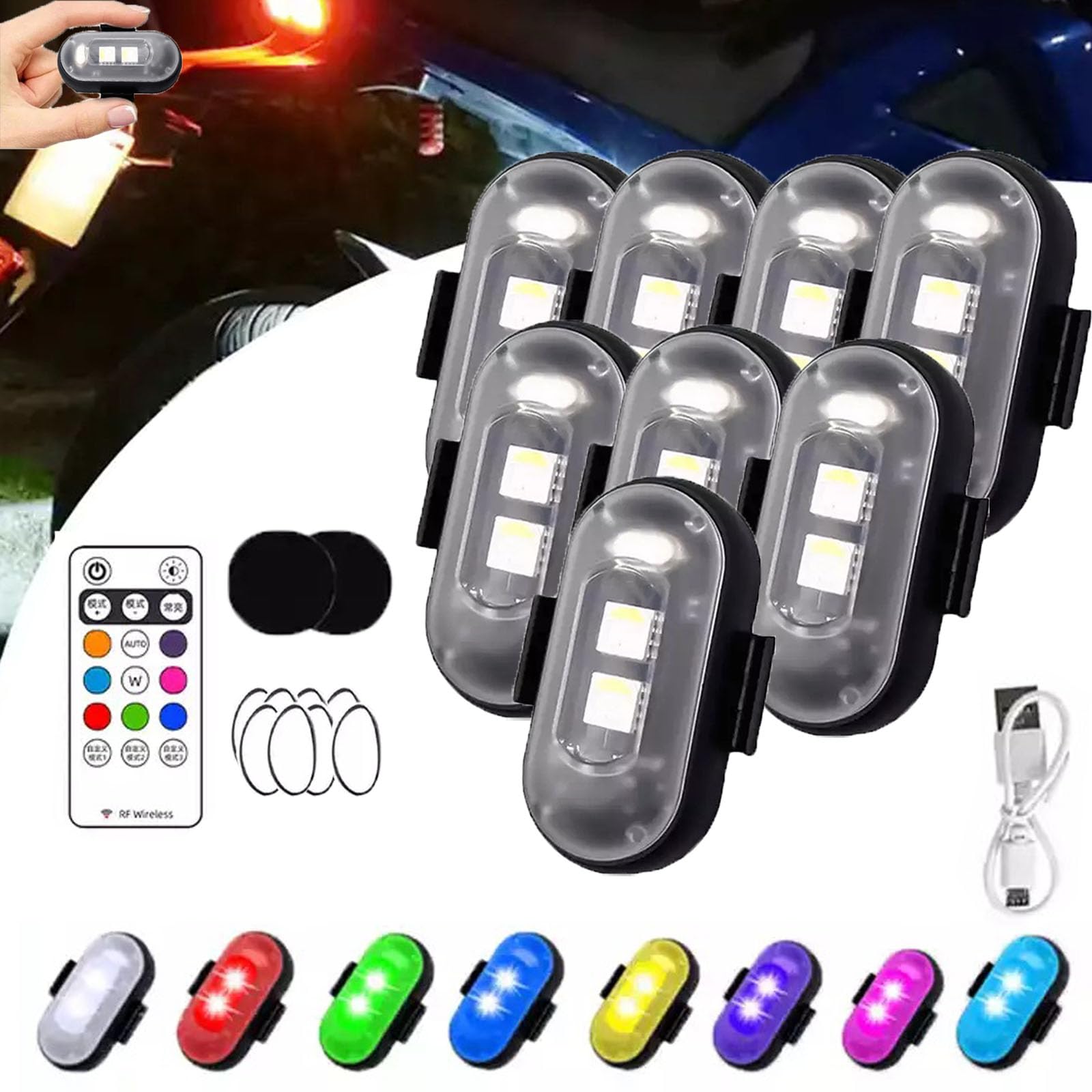 Summer LED Lights for Car - Colorful Remote Control Strobe Lights for Cars, Motorcycles, Drones & Bikes (8-Pack) | Wireless LED Lighting for Night Driving, Parties & Vehicle Decoration