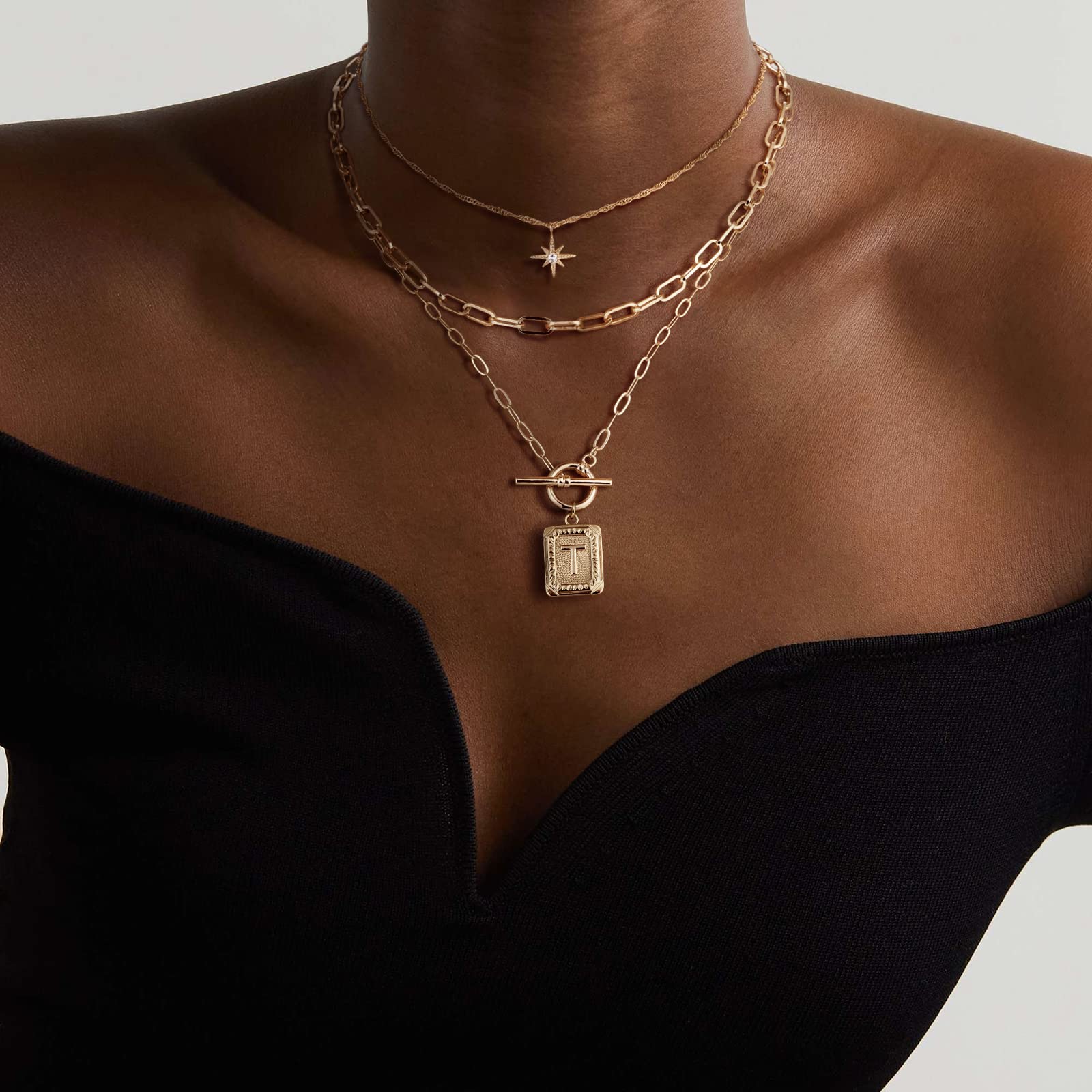 MJartoria Women's 14K Gold Plated Initial Necklace - Trendy Layered Star Choker with Square Letter Pendant & Paperclip Chain - Elegant Gold Jewelry Gift for Her - Perfect for Birthdays, Anniversaries and Everyday Wear