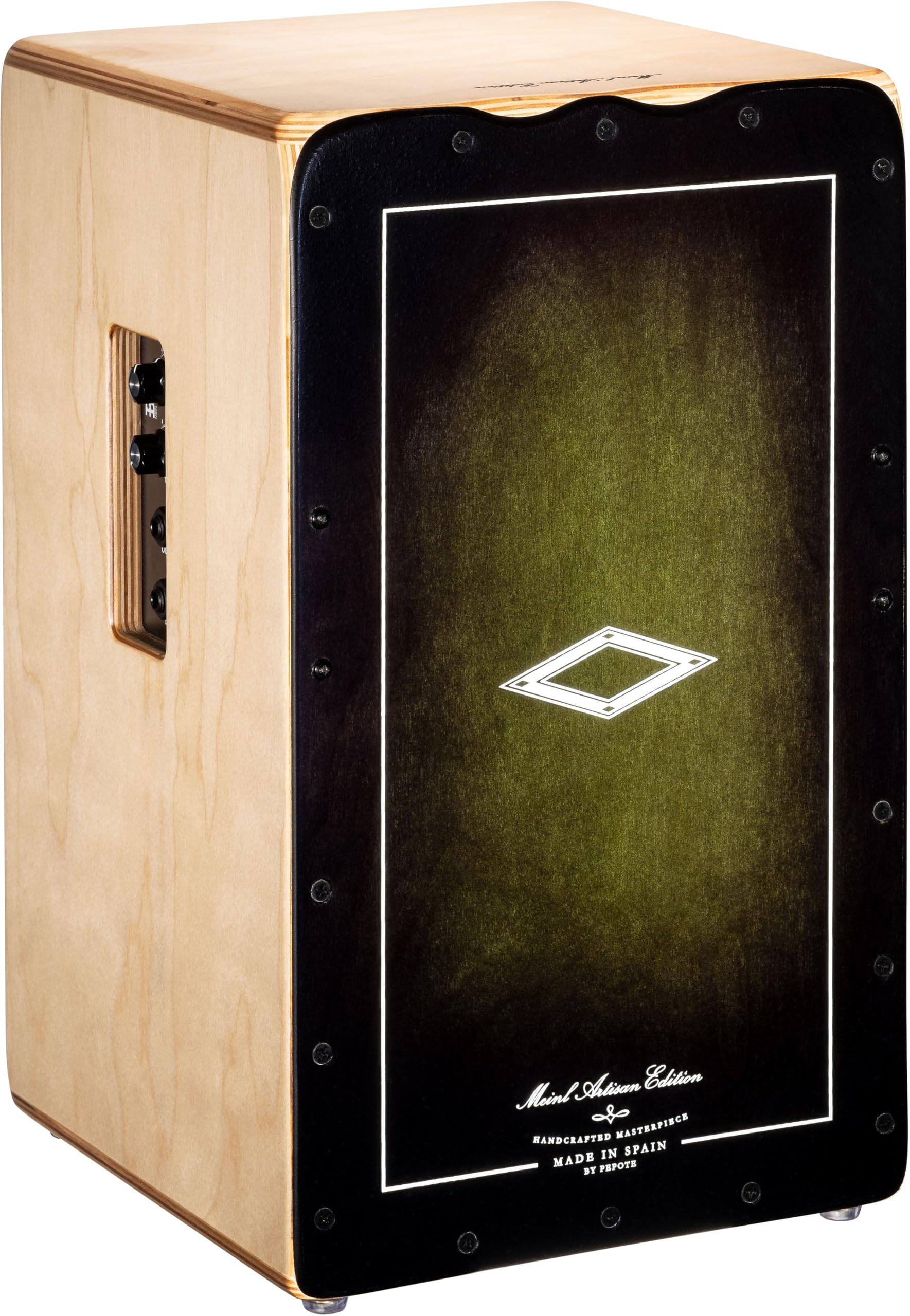 Professional Cajon Drum with Snare Effect & Built-in Electronics - Amplifier/PA Compatible - Handcrafted Baltic Birch Body & Dark Olive Burst Frontplate - Made in Spain - 2 Year Warranty | Perfect for Live Performances, Studio Recording & Music Therapy Sessions