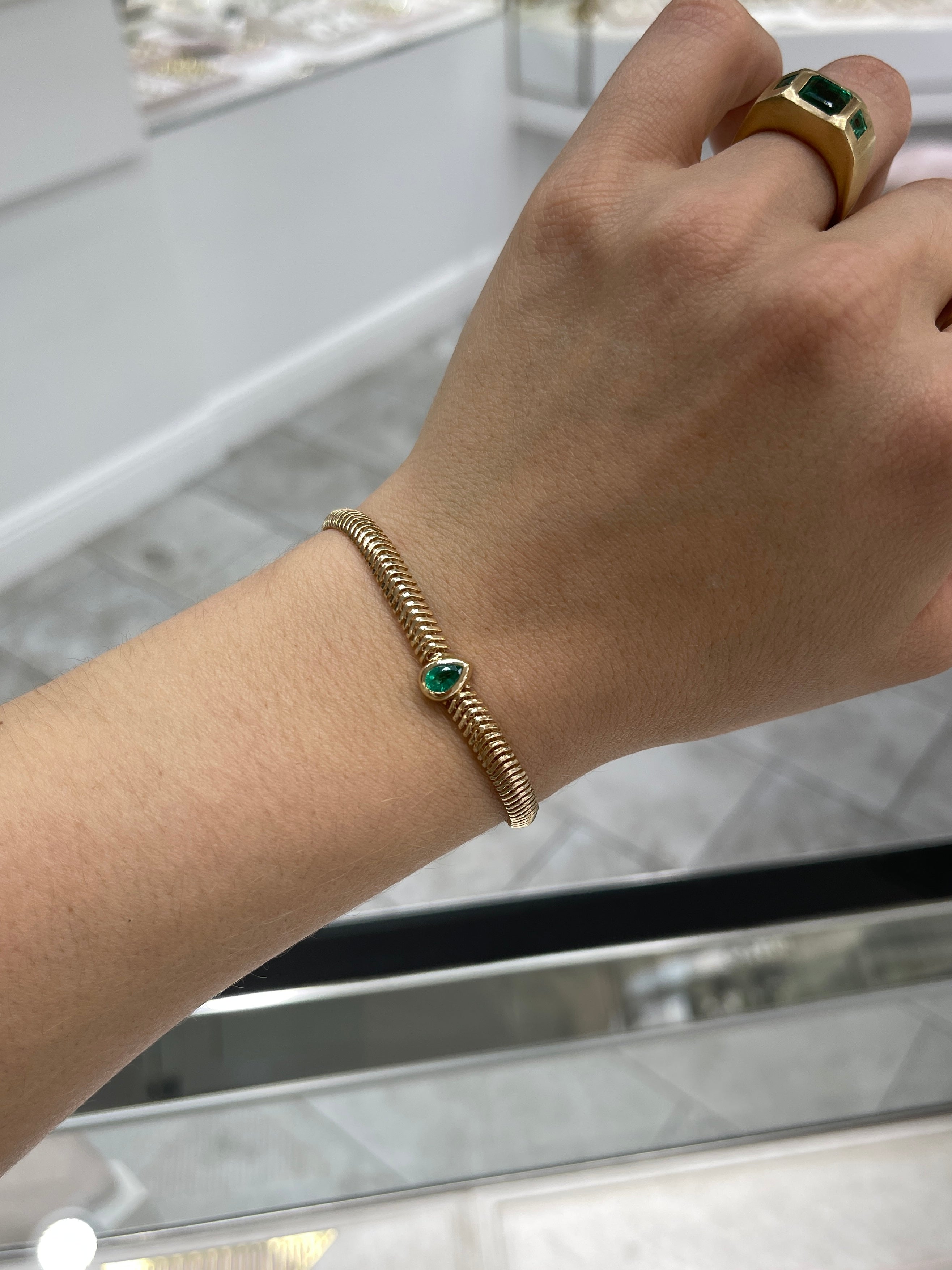 14K Gold Teardrop Emerald & Diamond Snake Chain Bracelet - Elegant Fine Jewelry for Women, 6.5 Inch Adjustable, Perfect for Weddings, Parties & Special Occasions