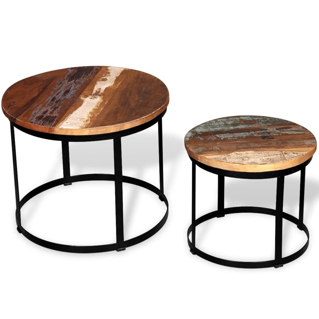 Industrial Wooden Round Coffee Table Set of 2 - Solid Reclaimed Wood Living Room Center Table, Coffee Desk & Cocktail Table - Sofa End Table in Brown - Perfect for Modern Farmhouse, Rustic & Industrial Style Home Decor