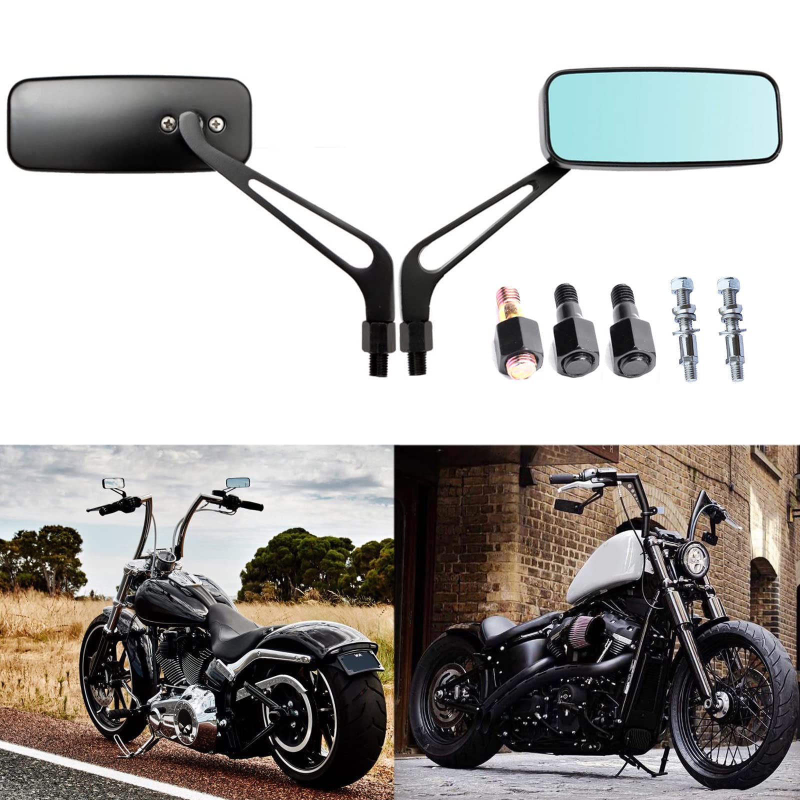 8mm/10mm Black Motorcycle Handlebar Mirrors for Harley Softail Sportster - Durable Rectangle Rearview Mirrors for Chopper & Bobber Bikes - Enhance Safety & Style on Cruiser Rides