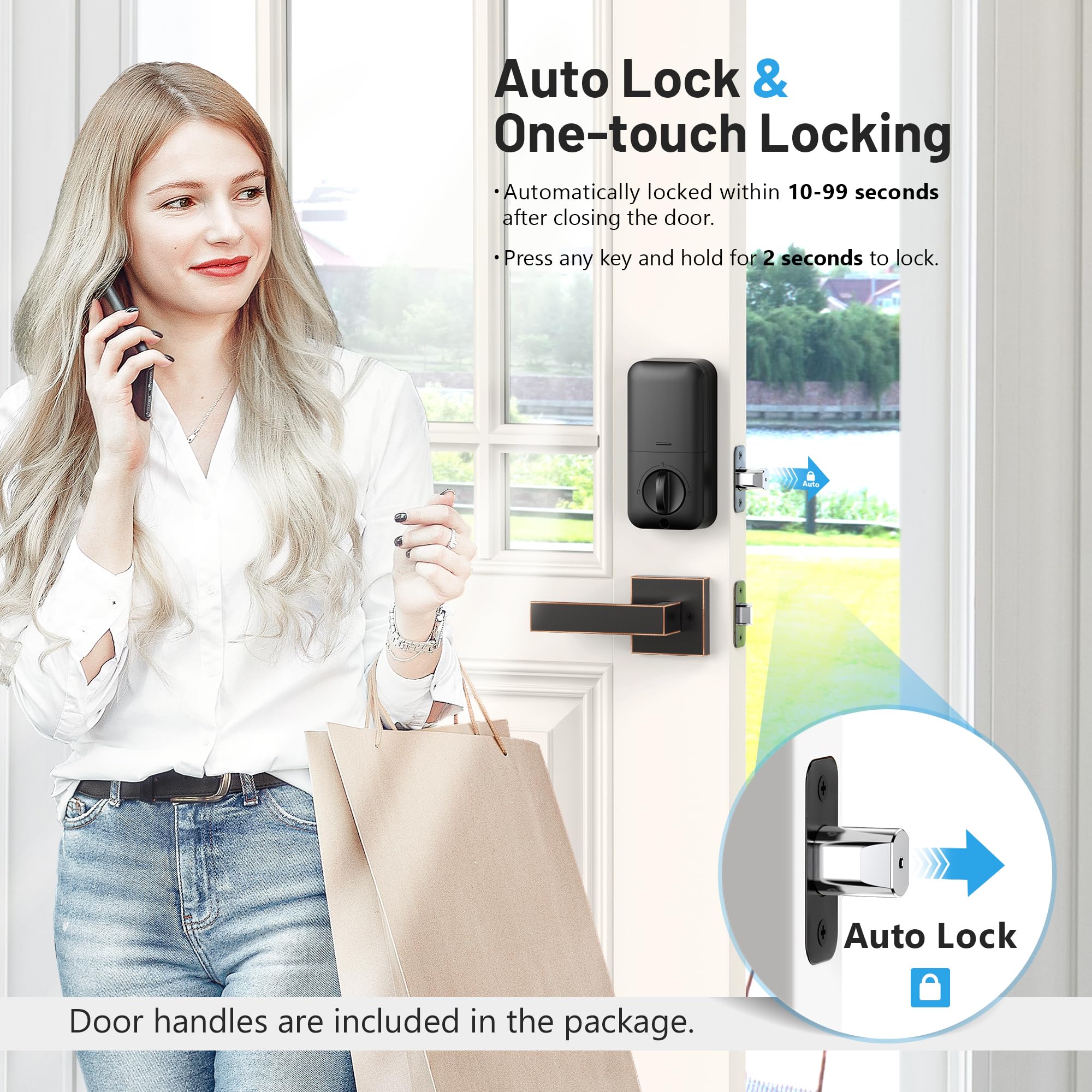 Zowill DK02A-L Smart Fingerprint Front Door Lock Set with 2 Handles - Auto Lock & One-Touch Lock, Easy Installation, Electronic Keypad Deadbolt, Keyless Entry Door Lock for Home Security | Perfect for Apartments, Houses & Vacation Homes