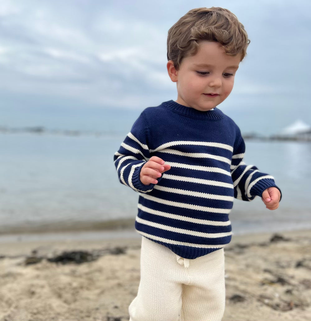 Unisex Navy and Cream Stripe Knit Sweater - Cozy Casual Pullover for Men & Women | Perfect for Fall, Winter & Layering Outfits