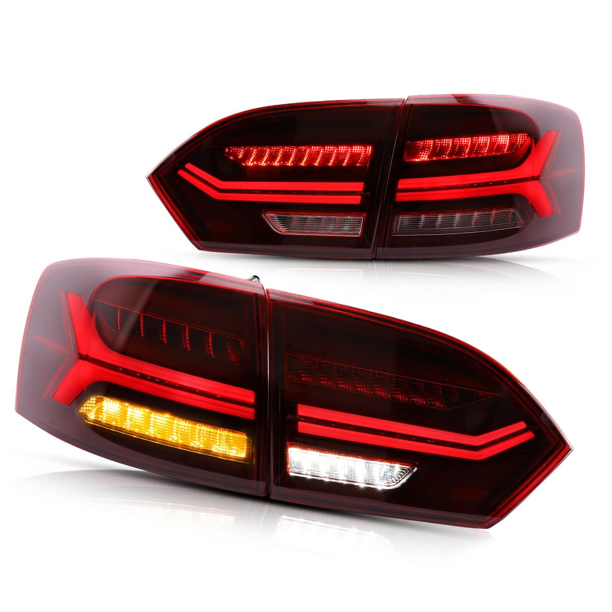 VLAND LED Tail Lights for 2011-2014 Volkswagen Jetta Sagitar Sedan (Excludes LED Models & 2013 GLI) - Sequential Turn Signals, Red Lens, Driver & Passenger Side - Upgrade Your Car's Style & Safety for Night Driving