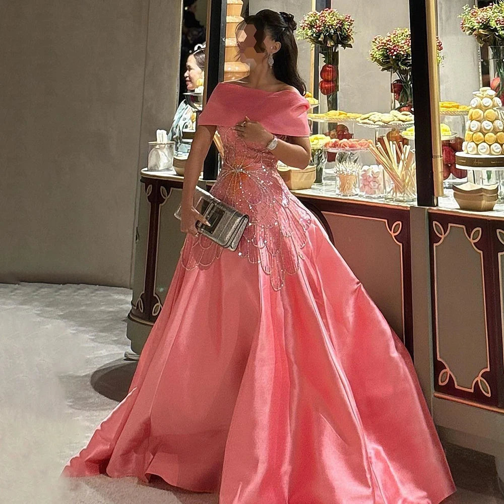 Luxury Dubai Arabic Pink A-Line Satin Beaded Saudi Evening Dress Gown for Women - Formal Occasion Wedding Party LA72195A | Elegant Islamic Abaya for Special Events & Celebrations