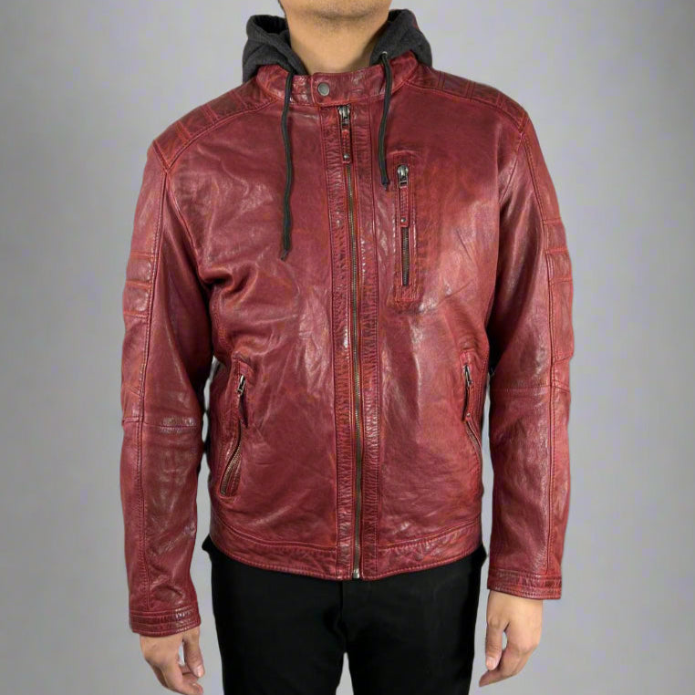 Premium Men's Genuine Sheepskin Leather Jacket with Detachable Hood - Stylish & Warm for Outdoor Adventures, Motorcycle Riding & Casual Wear