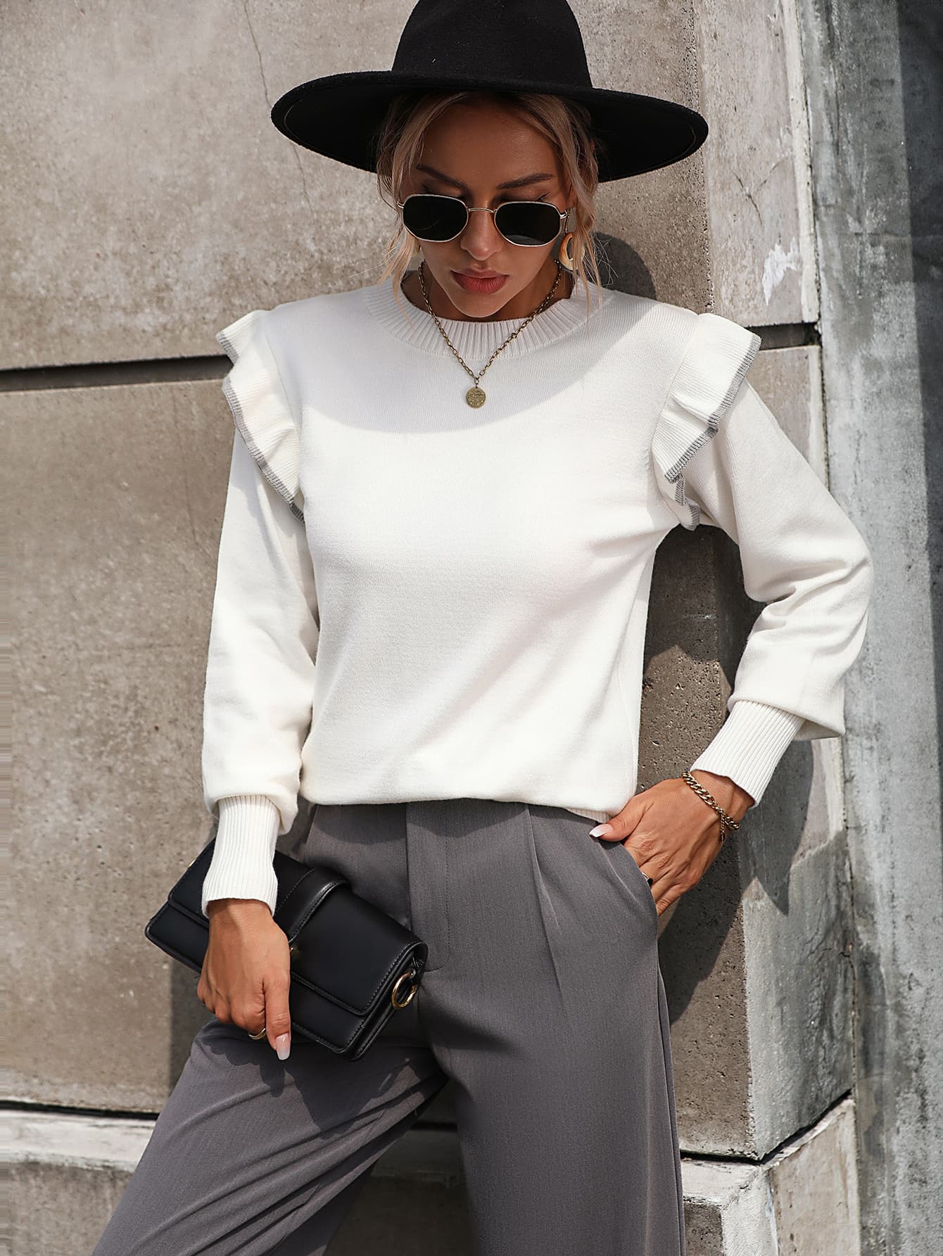 Women's Round Neck Ruffle Trim Long Sleeve Pullover Sweater - Soft Knit Winter Top for Casual Wear & Office Outfits