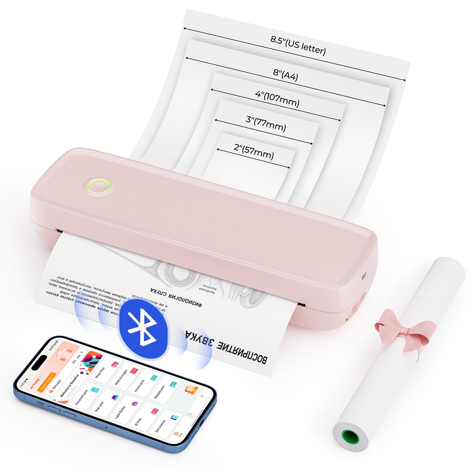 MUNBYN ITP04 Portable Wireless Thermal Bluetooth Printer - Inkless Printing for 8.5x11 & A4 Paper - Compatible with Android, iOS, Laptop - Compact Pink Design - Perfect for Home Office, Shipping Labels & Receipts