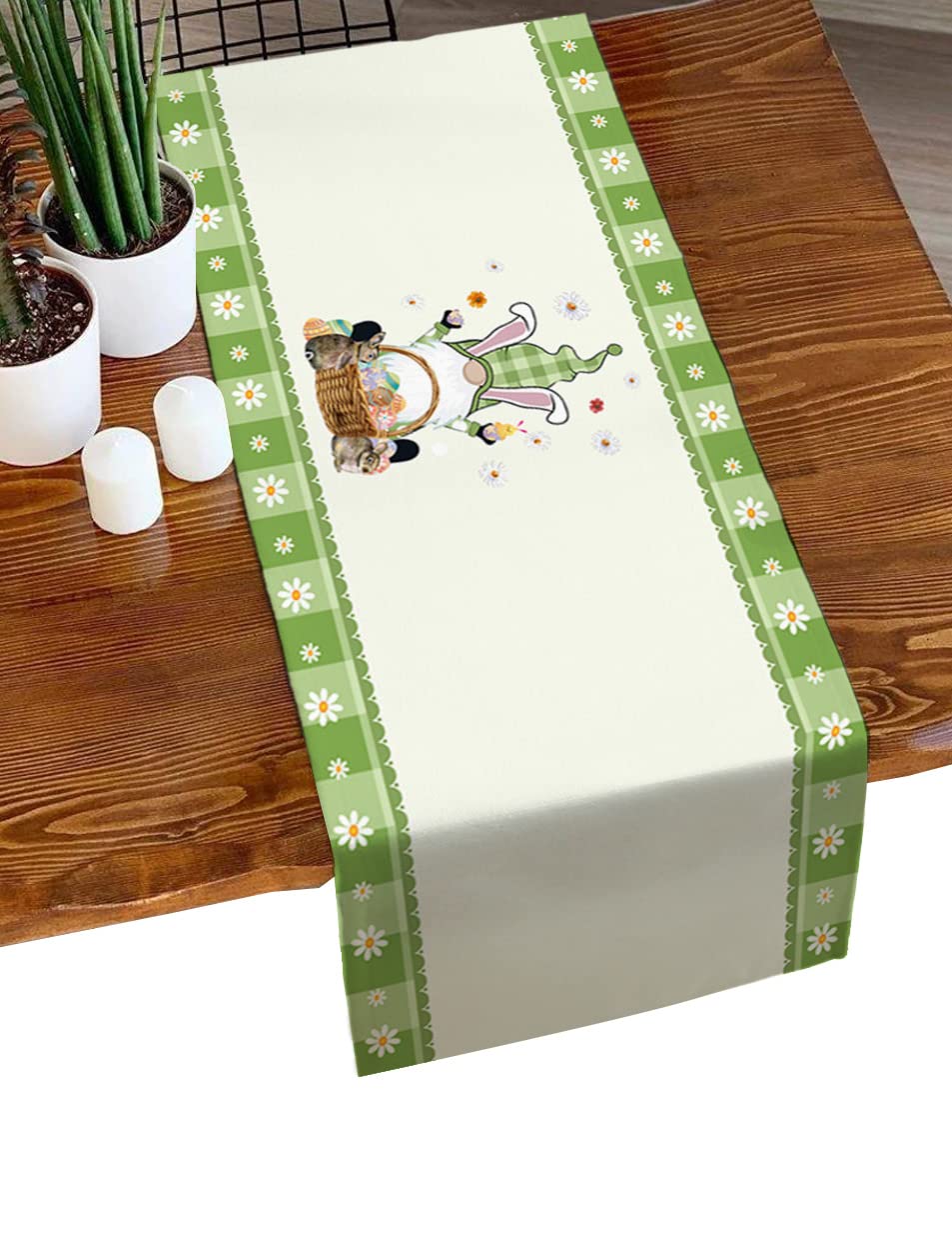 Easter Gnome Table Runner with Eggs & Rabbits - 13x36 Inch Cotton Linen Buffalo Plaid Table Scarf for Kitchen Island, Coffee Table, Dresser, Bedside Decor | Spring Home Decor & Holiday Dining Accessories