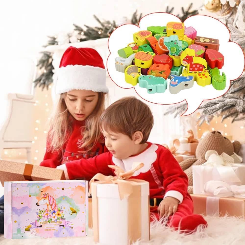 TOLOYE Wooden Montessori Threading Toys for Toddlers - Animals, Fruits & Vegetables Lacing Beads - Educational Learning Toys for 3-4 Year Old Boys & Girls - Perfect for Fine Motor Skills Development & Preschool Learning Activities