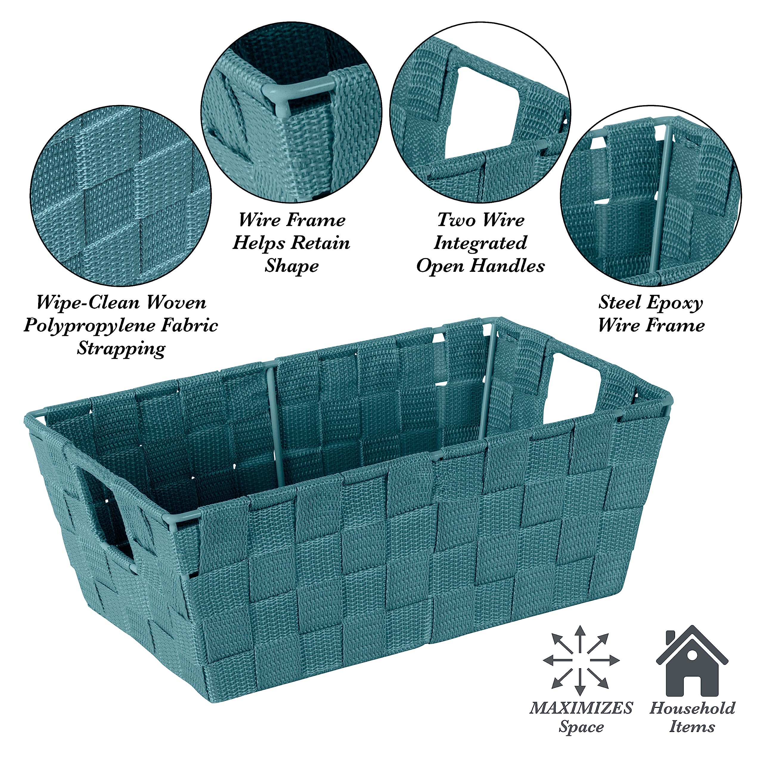 Simplify Small Shelf Woven Strap Tote - Decorative Storage Basket with Built-in Handles | 4-Pack Organizer for Closet, Bedroom, Bathroom & Nursery | Perfect for Accessories, Toys & Gifts | Sapphire Blue Home Decor