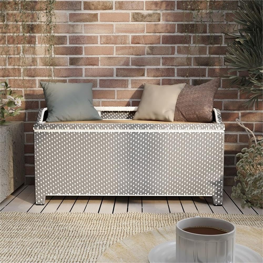 Azur Gray Outdoor Wicker Metal Storage Bench - Weather-Resistant Poolside Furniture with Storage for Patio, Garden & Backyard Decor