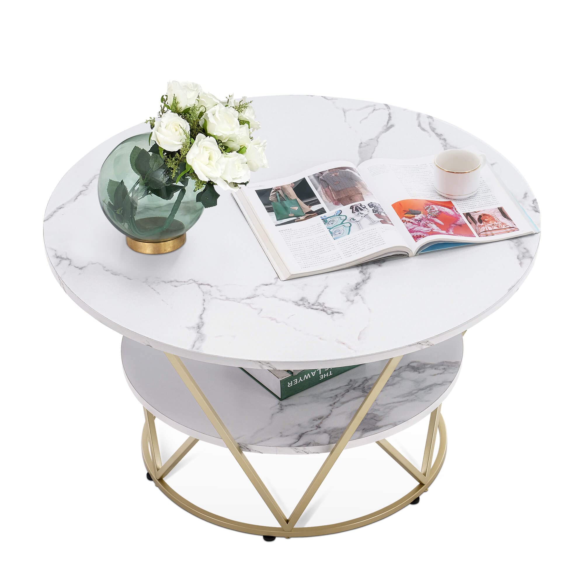 ivinta Modern 2-Tier Round Coffee Table - Faux Marble Top with Storage Shelf & Sturdy Metal Frame for Living Room | Accent Table for Small Spaces, Apartments & Home Decor (COFF-39MG)