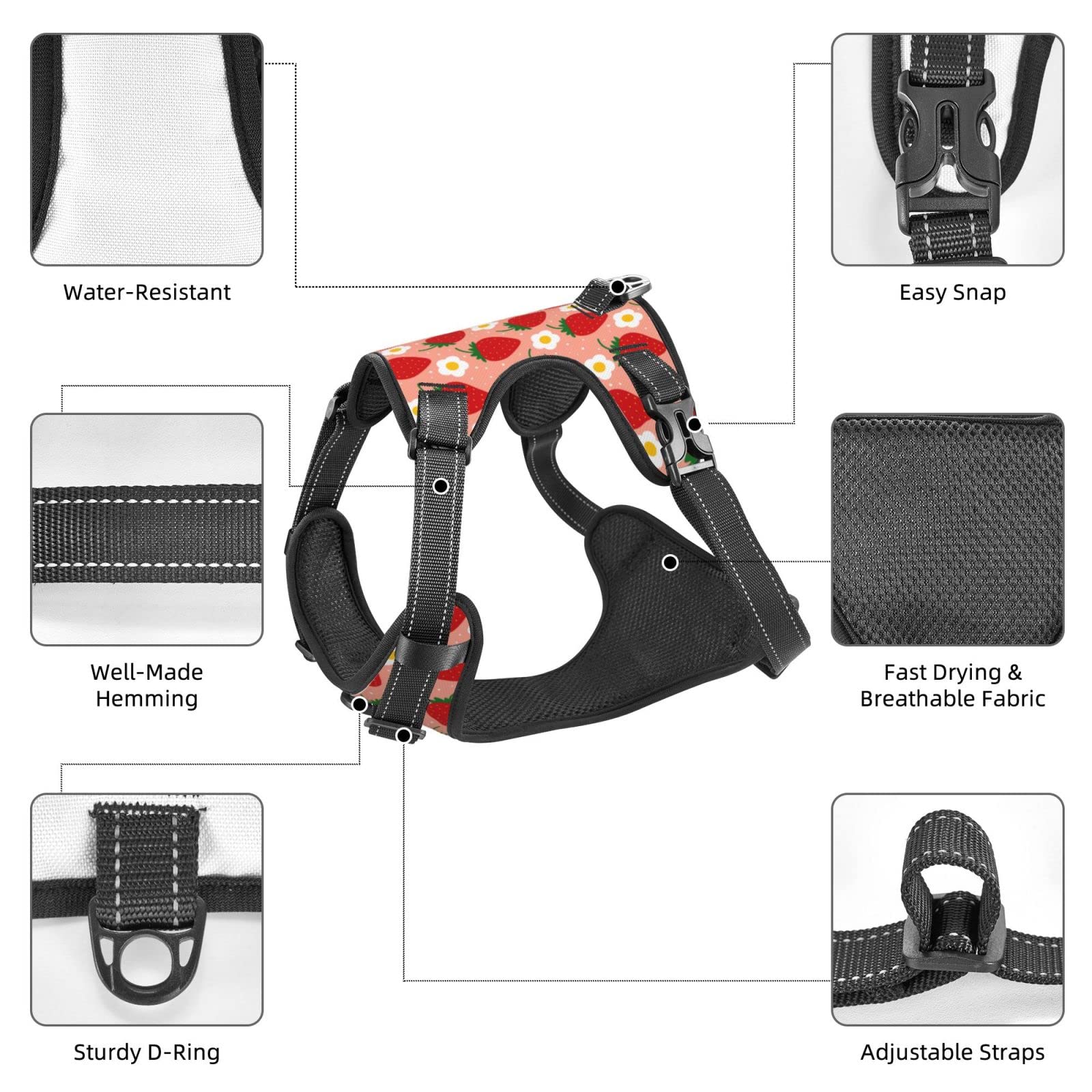 Pink Strawberry No Pull Dog Harness for Small Medium Large Dogs - Adjustable Breathable Reflective Pet Vest for Safe Comfortable Walks - Perfect for Daily Walking, Jogging, and Outdoor Adventures